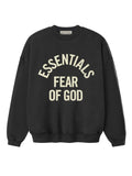 front view of black heavyweight cotton fleece crewneck sweatshirt with large off-white Essentials Fear of God logo