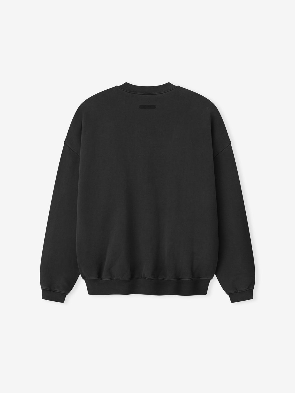 back view of black cropped heavyweight cotton fleece crewneck sweatshirt with ribbed cuffs and hem