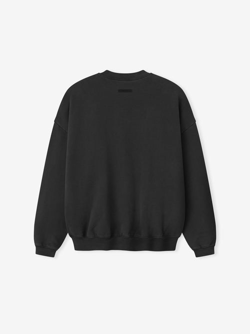 back view of black cropped heavyweight cotton fleece crewneck sweatshirt with ribbed cuffs and hem