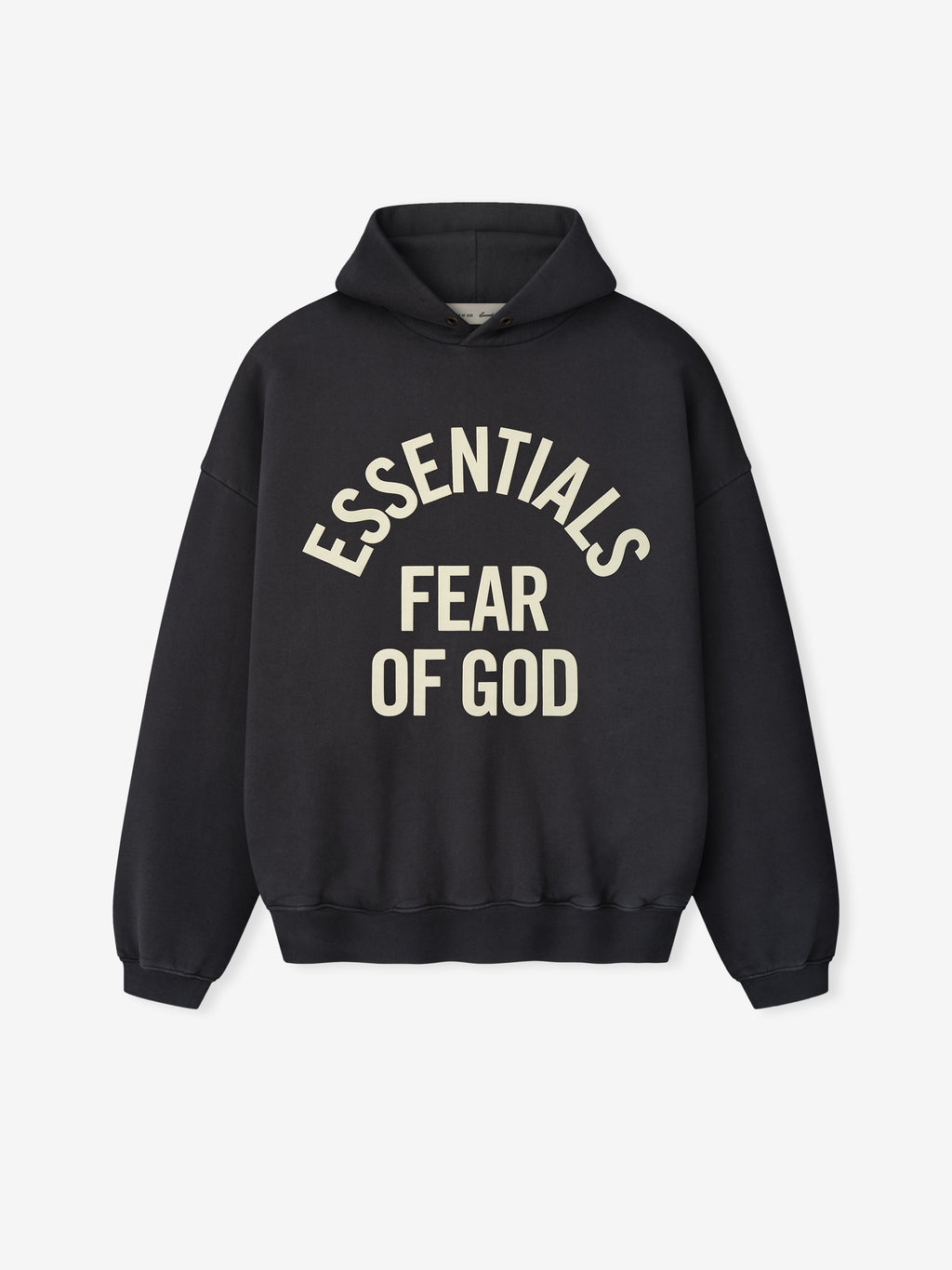 front view of black heavyweight hooded sweatshirt with cream Essentials Fear of God printed logo and ribbed cuffs and hem