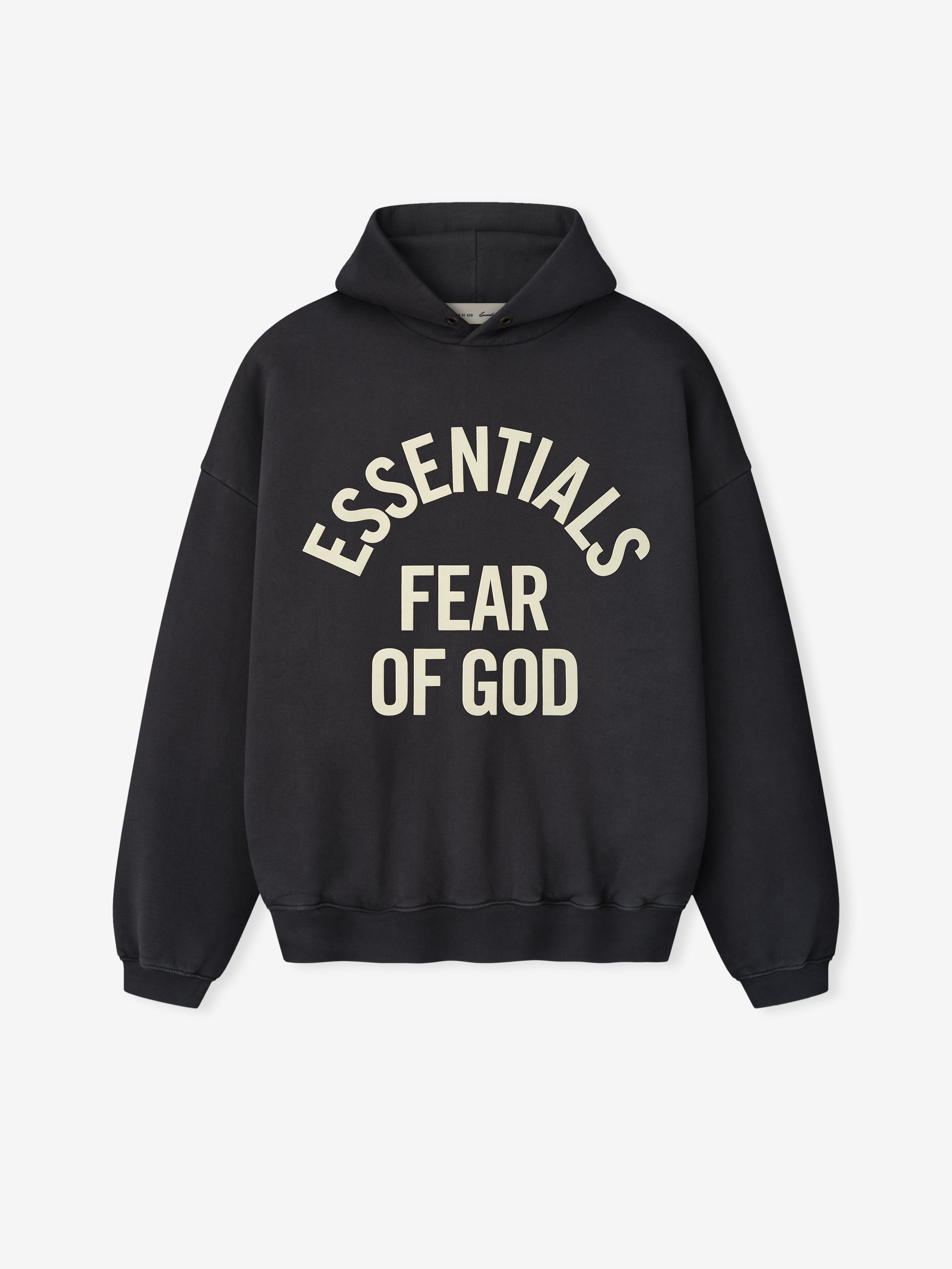 front view of black heavyweight hooded sweatshirt with cream Essentials Fear of God printed logo and ribbed cuffs and hem