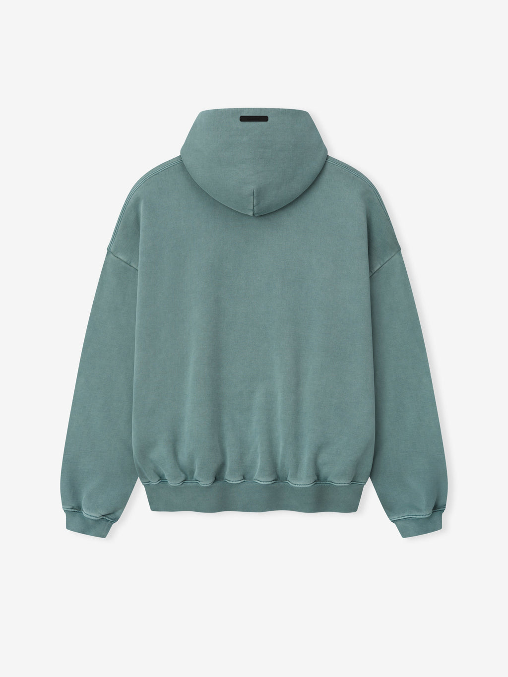 back view of cropped pigment-dyed teal heavyweight fleece hoodie with dropped shoulders and ribbed cuffs and hem