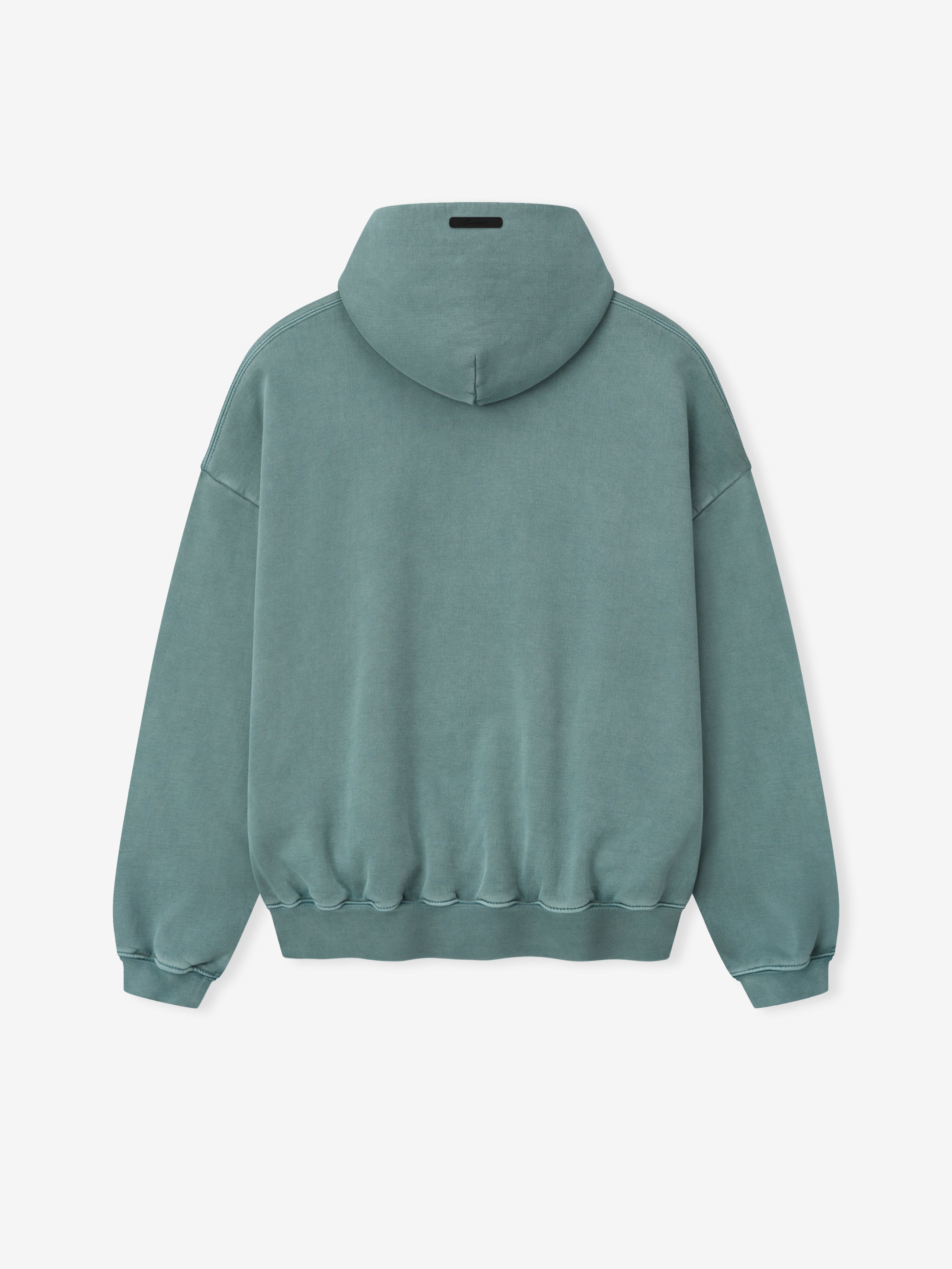 back view of cropped pigment-dyed teal heavyweight fleece hoodie with dropped shoulders and ribbed cuffs and hem