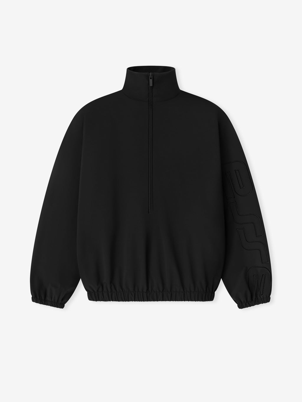Black jacket front facing laying on a white background.