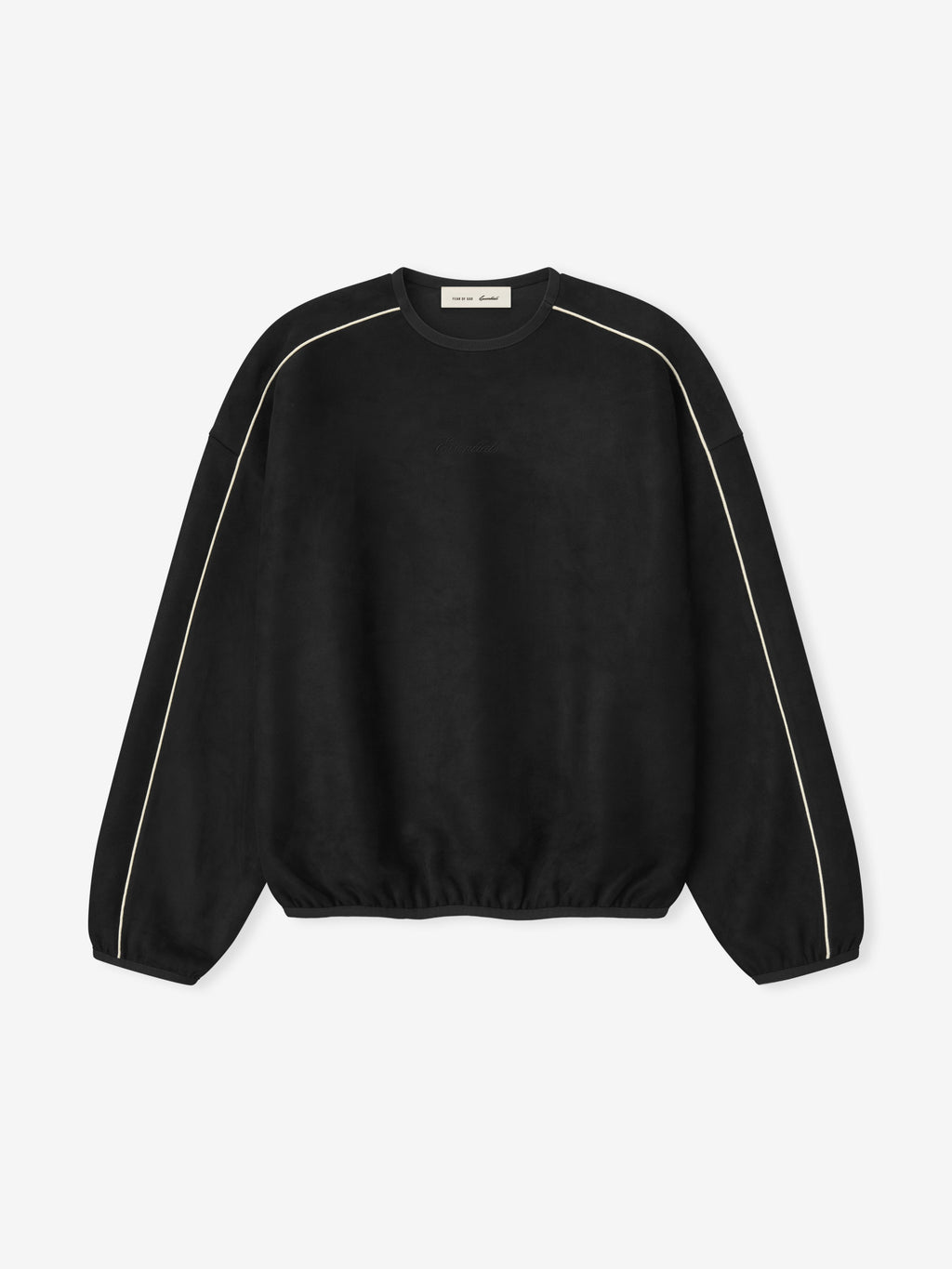 Black crewneck sweatshirt with white piping along raglan sleeves and elasticated cuffs and hem