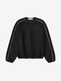 Black crewneck sweatshirt with white piping along raglan sleeves and elasticated cuffs and hem