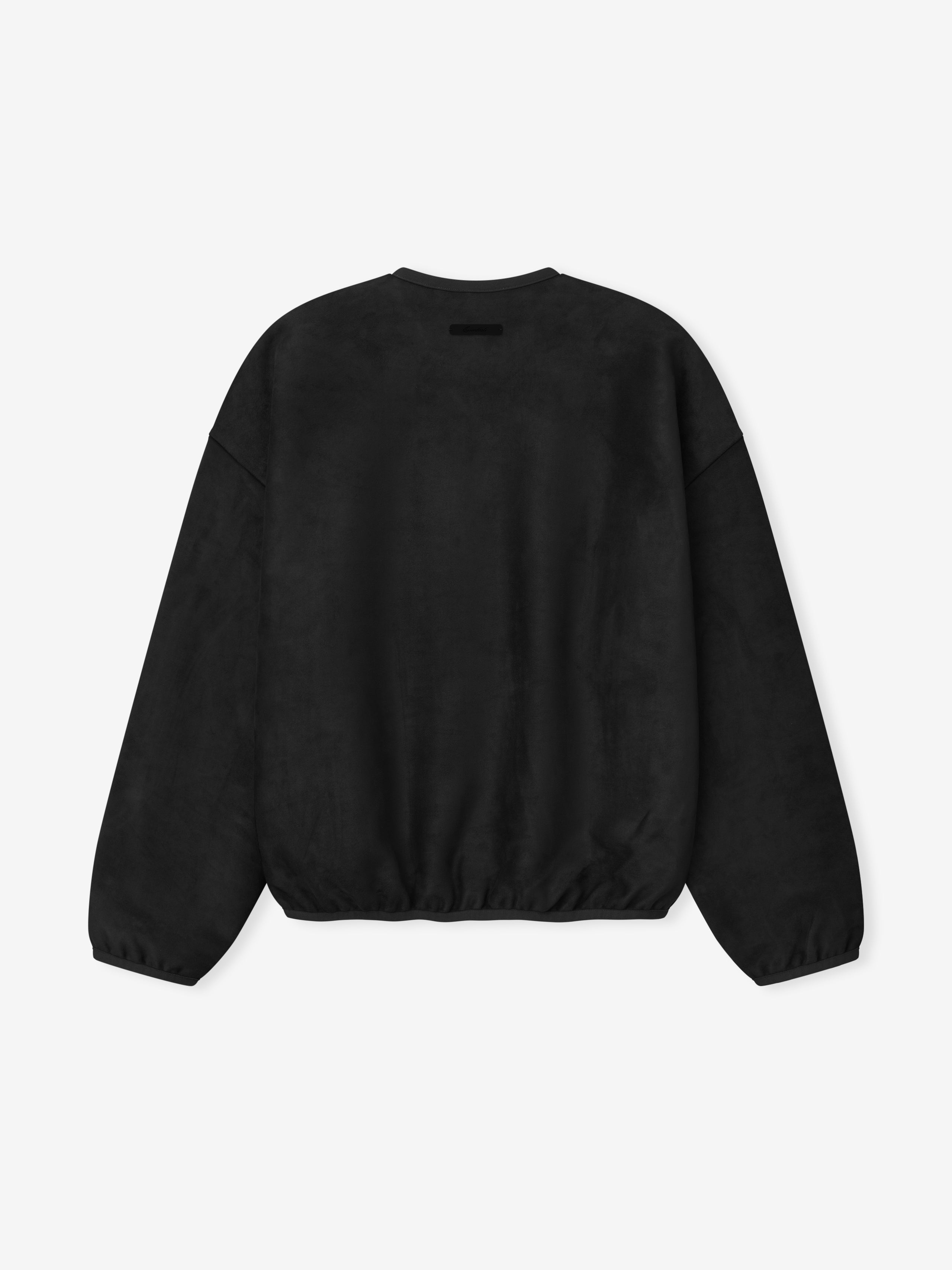 Black long-sleeve pullover with elasticated hem and cuffs, displayed flat with back facing up on a light background