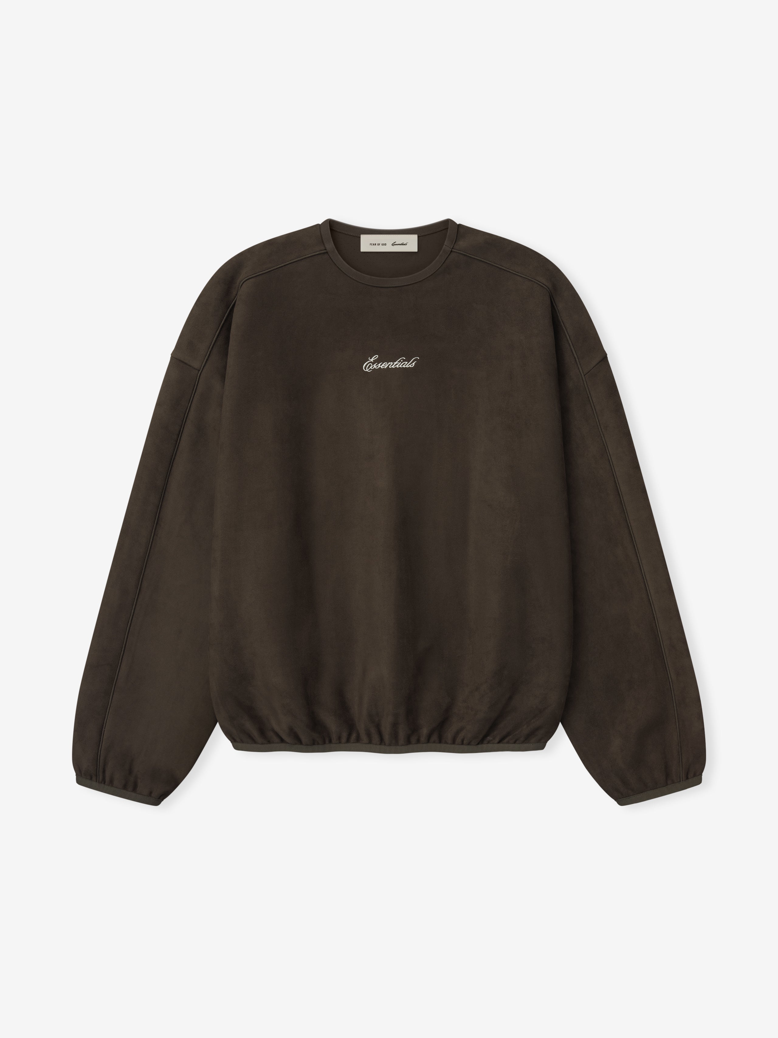 Brown sweatshirt with 'Essential' text on a white background