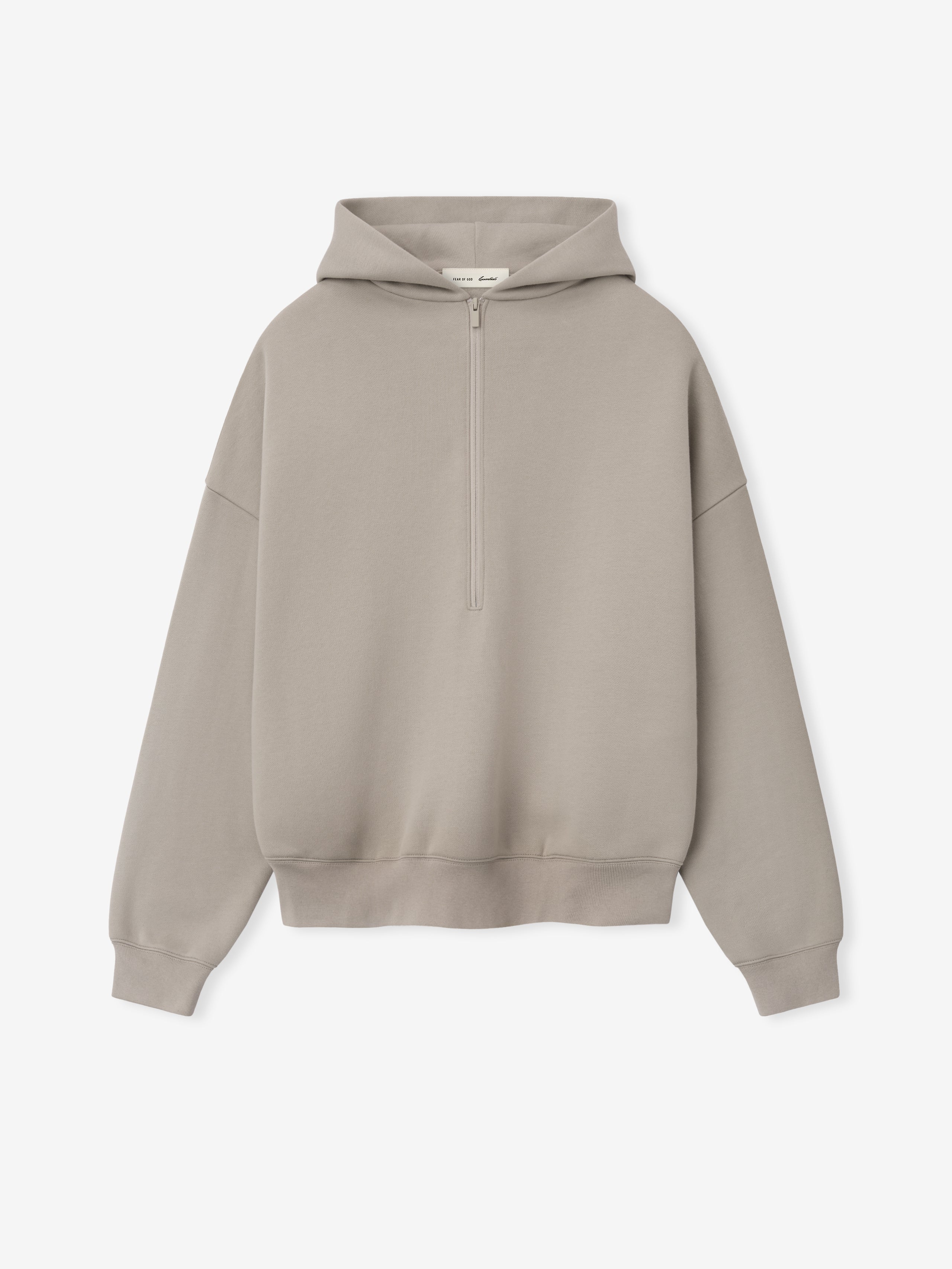 front view of beige heavyweight half-zip hoodie with dropped shoulders and double-layer hood and ribbed hem and cuffs