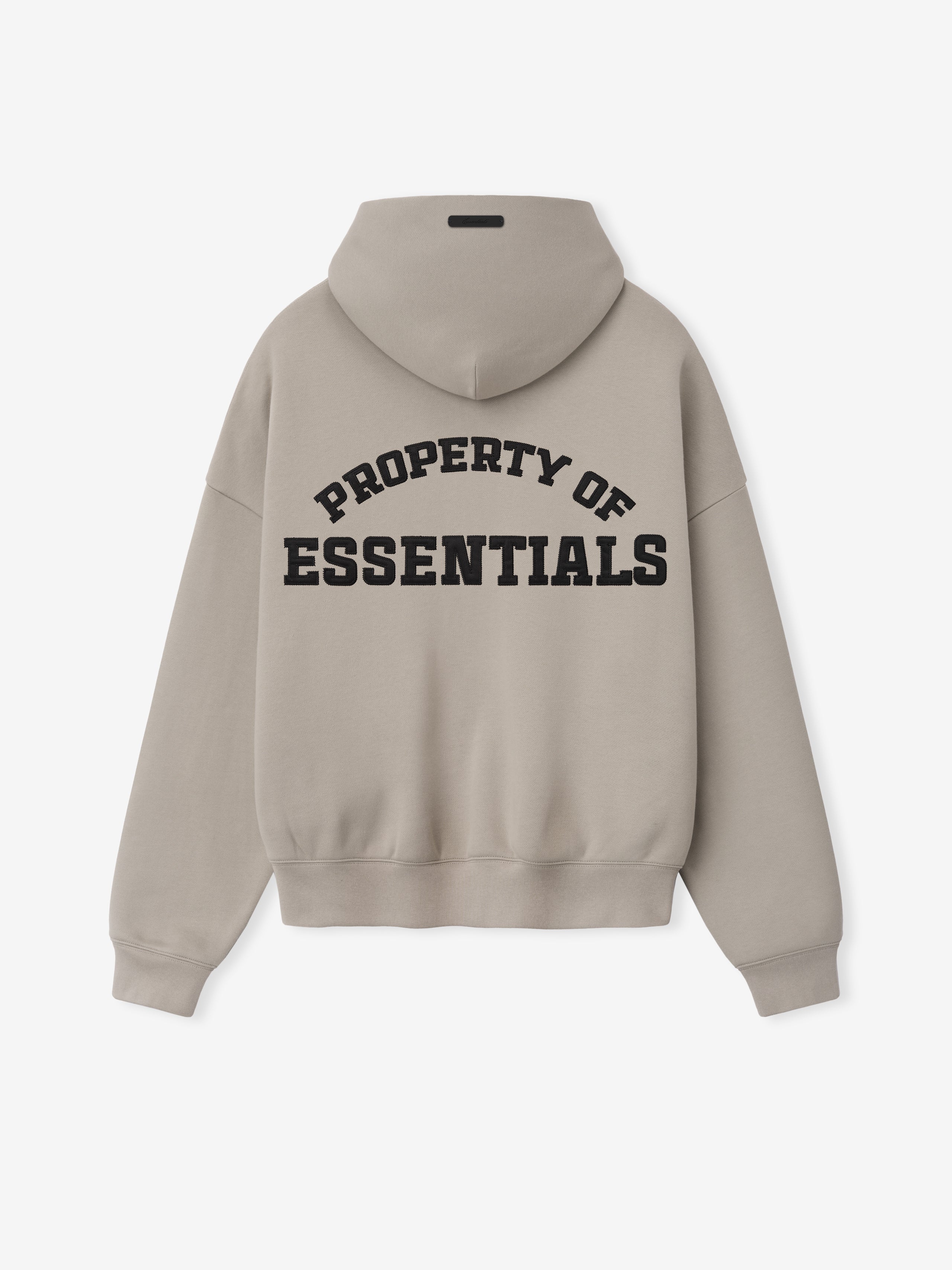 back view of beige heavyweight fleece hoodie with dropped shoulders and black satin stitch Property of Essentials logo
