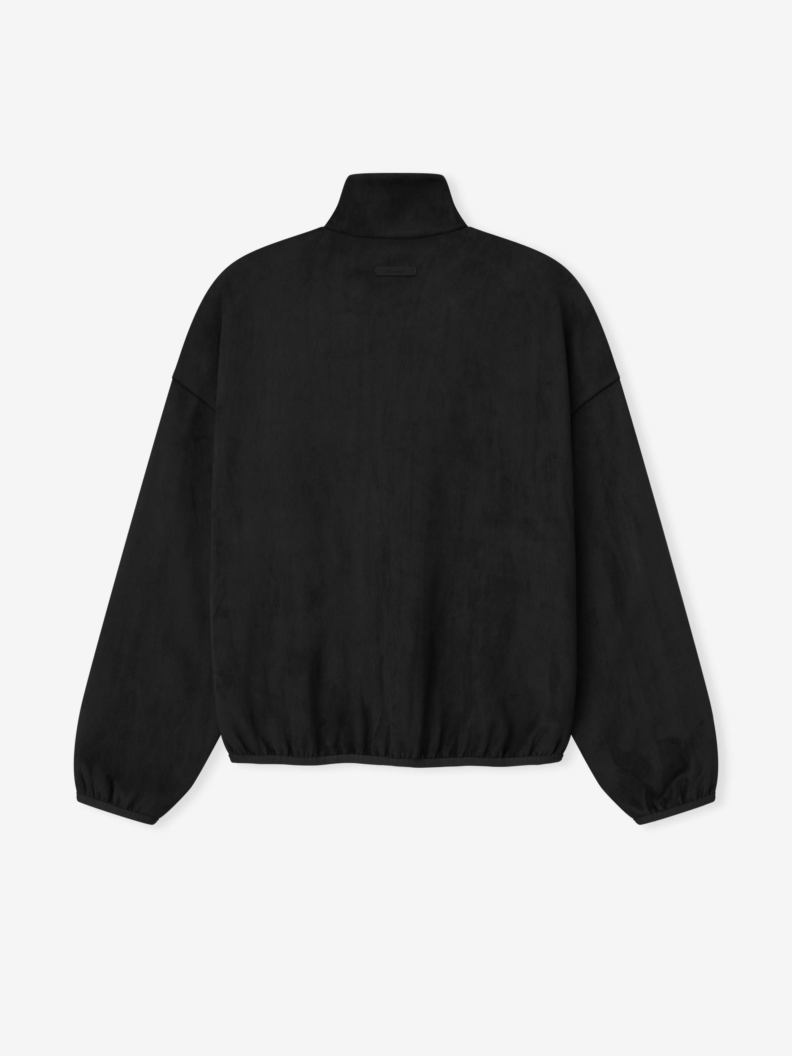 back view of black bonded suede fleece track jacket with oversized fit and elasticated hem and cuffs