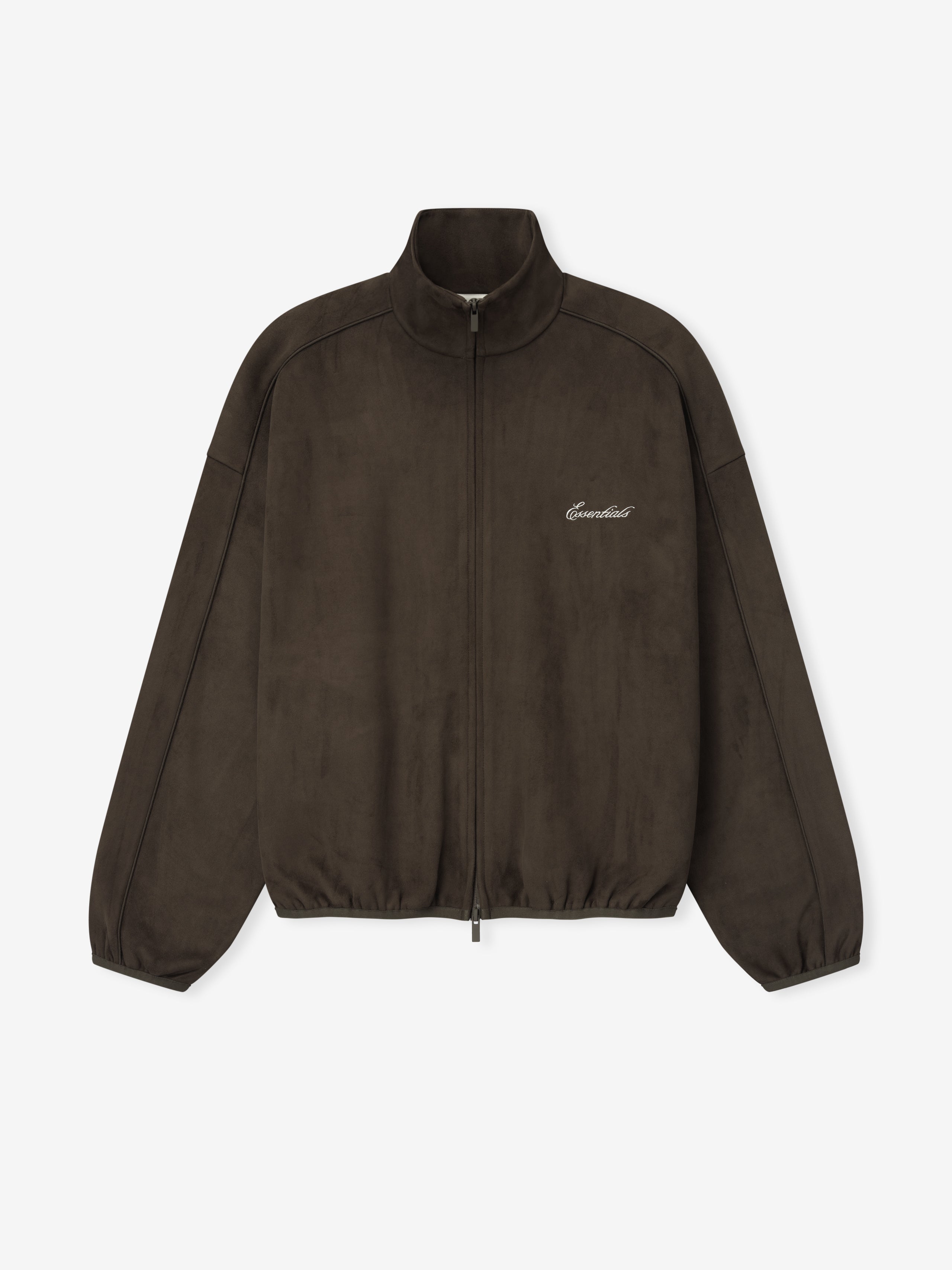 Dark brown zip-up jacket with high collar, elasticated cuffs and hem, and white cursive embroidered text on chest