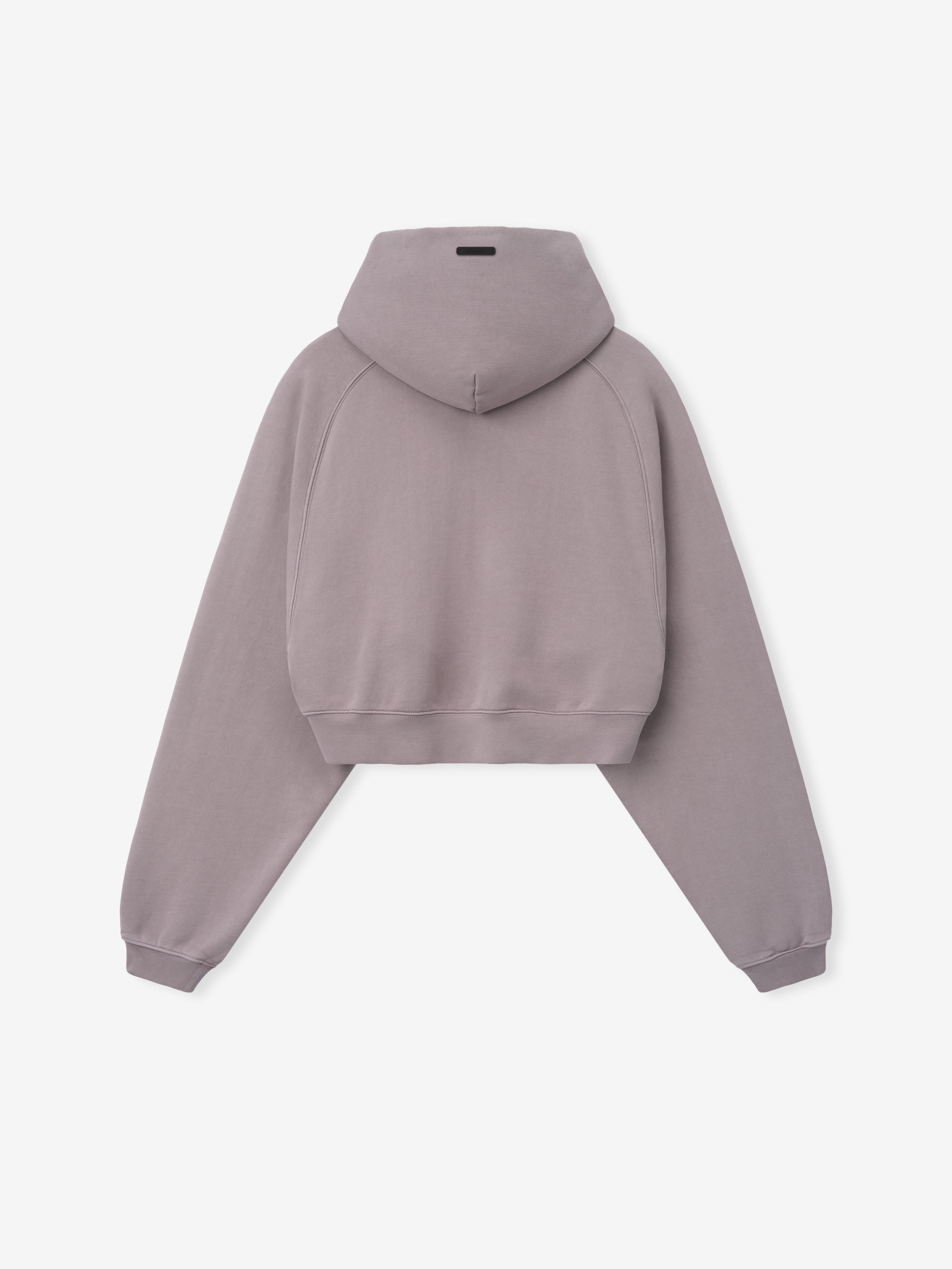 Back view of cropped mauve hoodie with long raglan sleeves and ribbed cuffs on plain white background