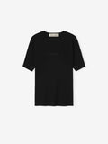 Black t-shirt with text on a white background