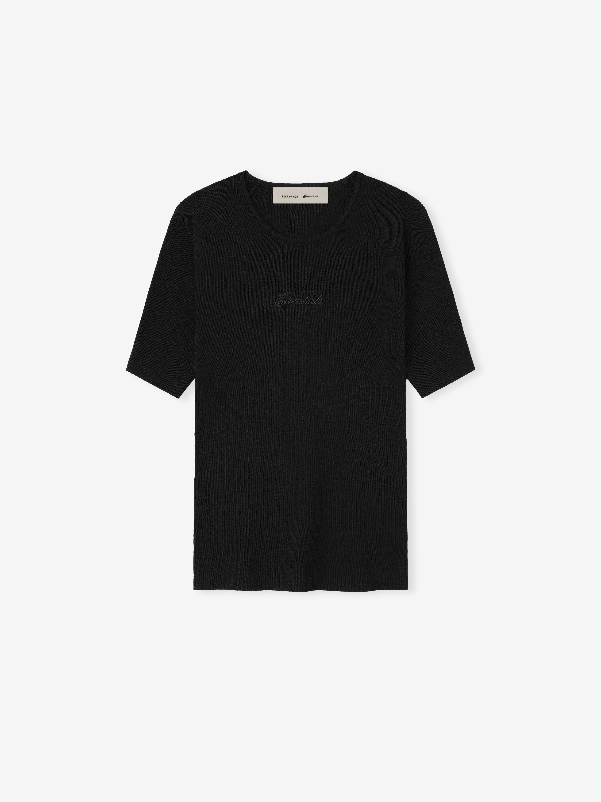Black t-shirt with text on a white background