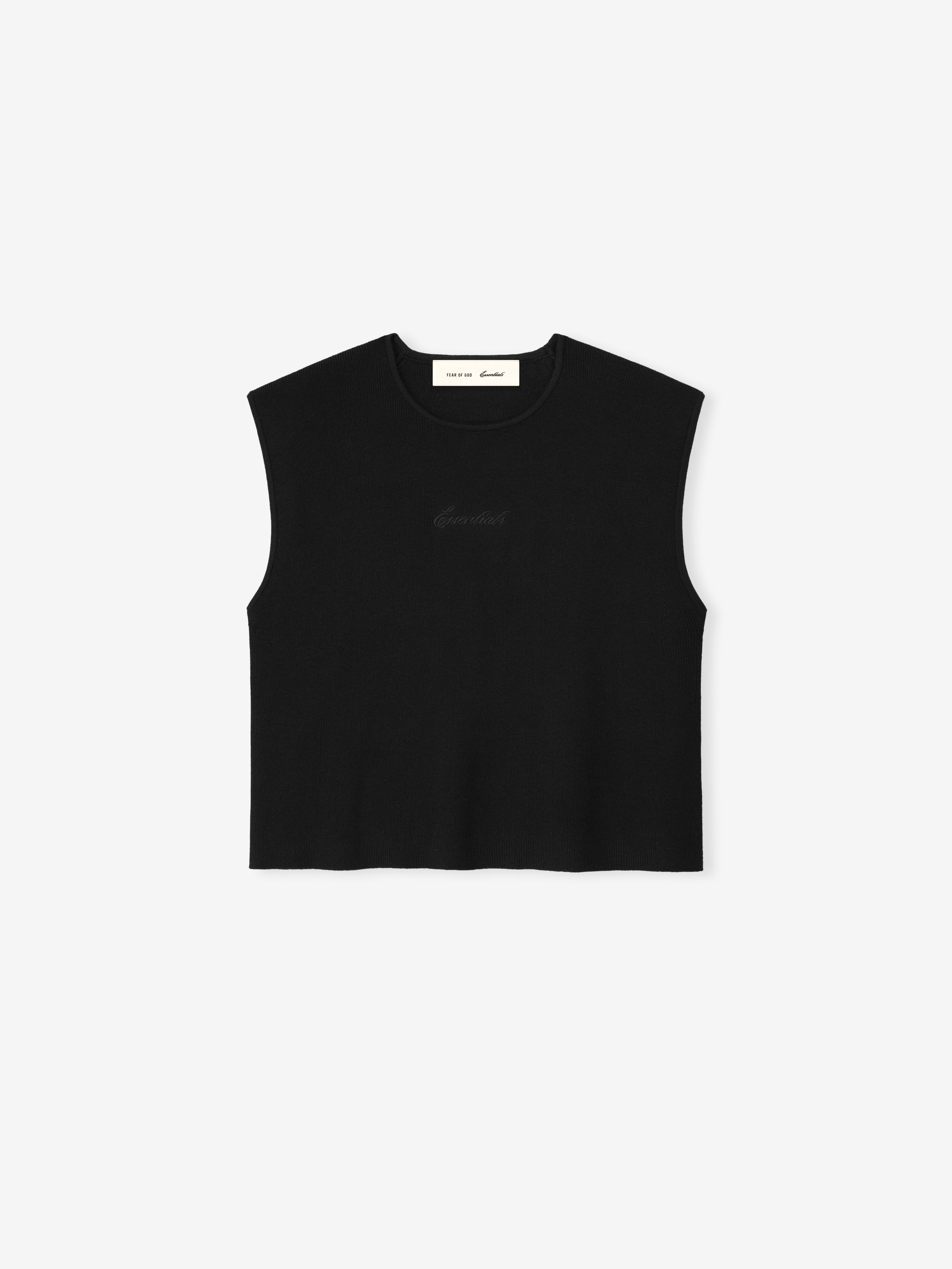Black sleeveless top on a white background and a black embroidered 'essentials' signature logo in the center