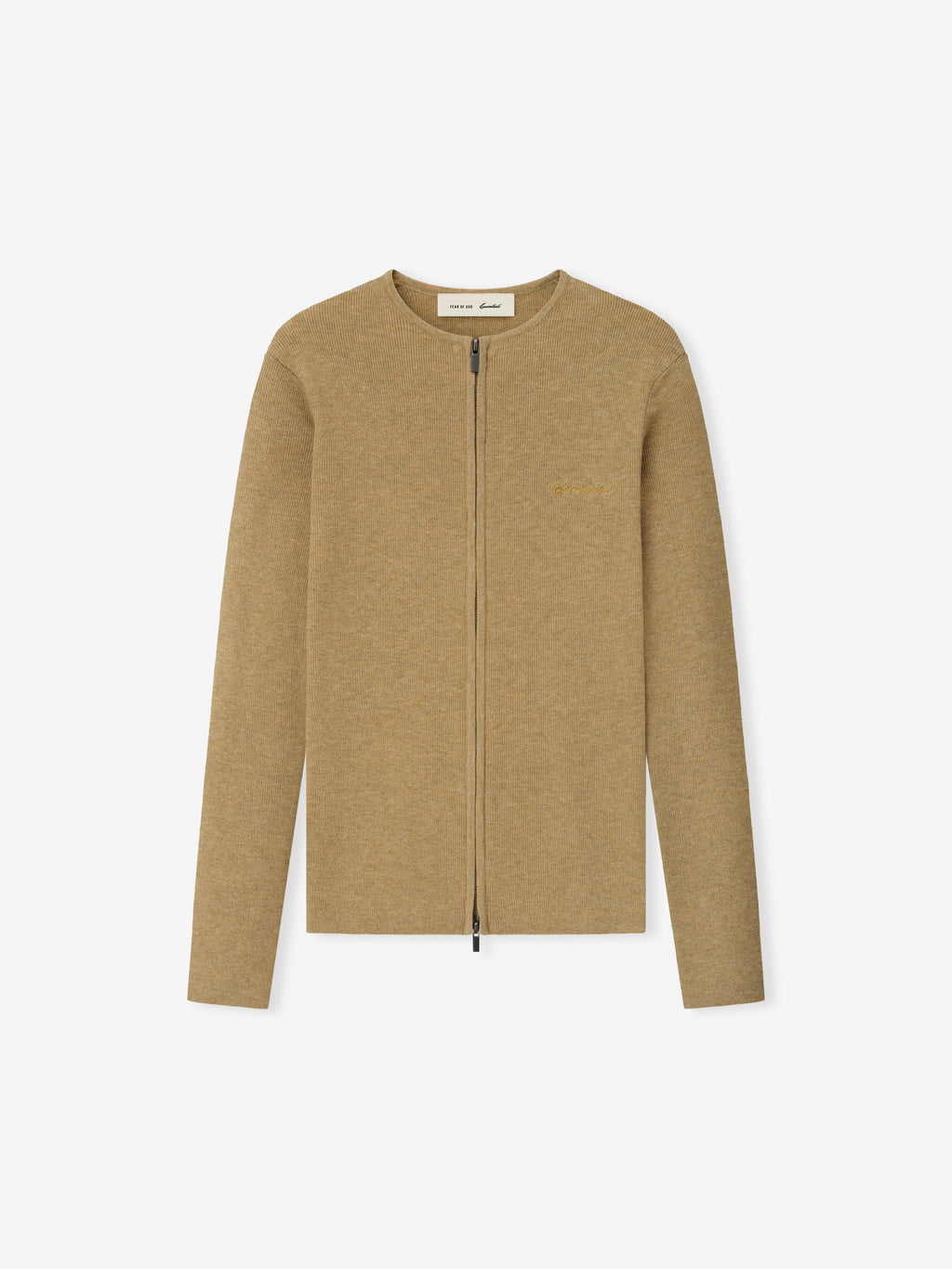 Beige zip-up sweater on a white background