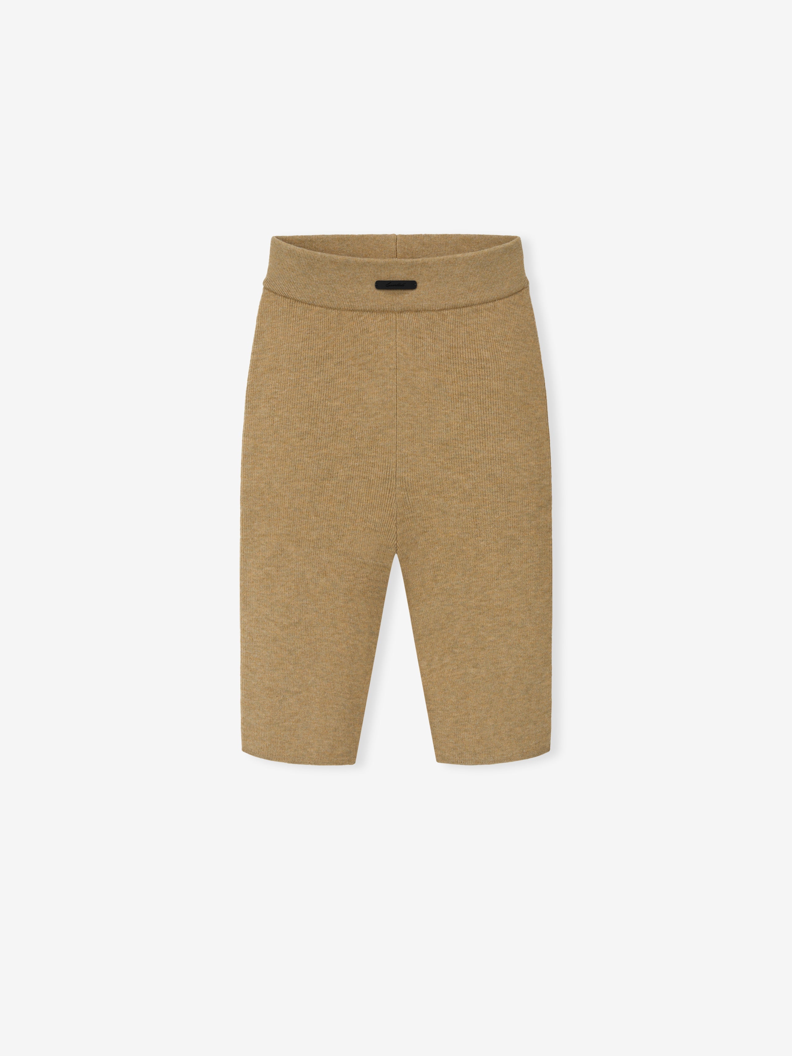 tan ribbed knit bike shorts for women with high waist and mid-thigh length in soft stretchy fabric