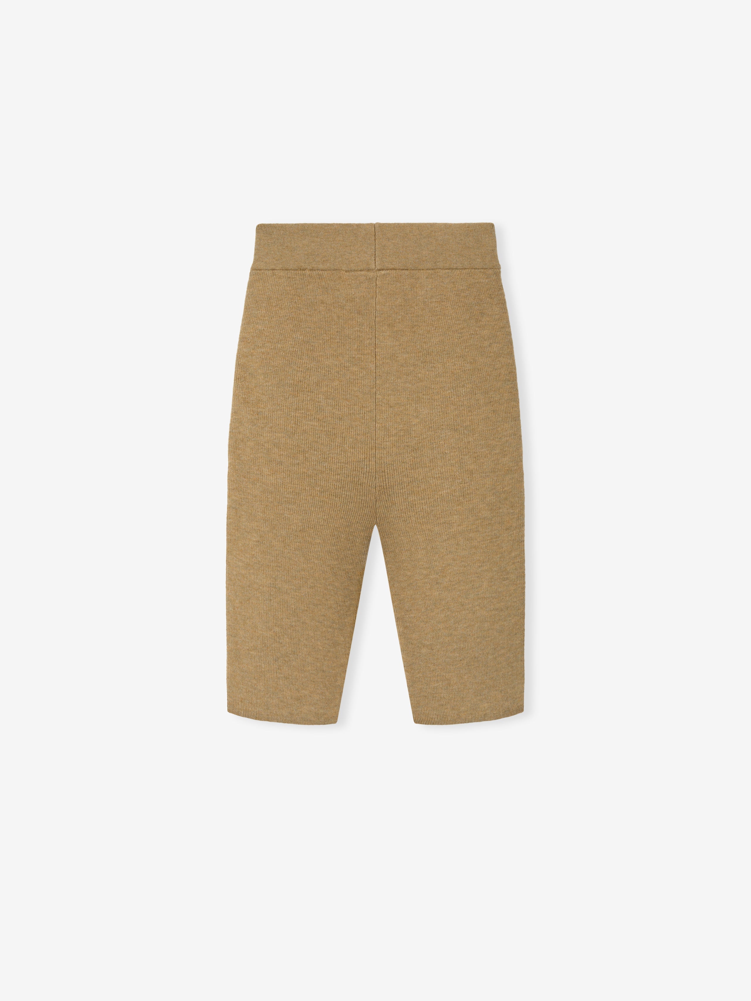 tan rib knit women’s bike shorts with high waist and mid-thigh length in a soft stretch fabric