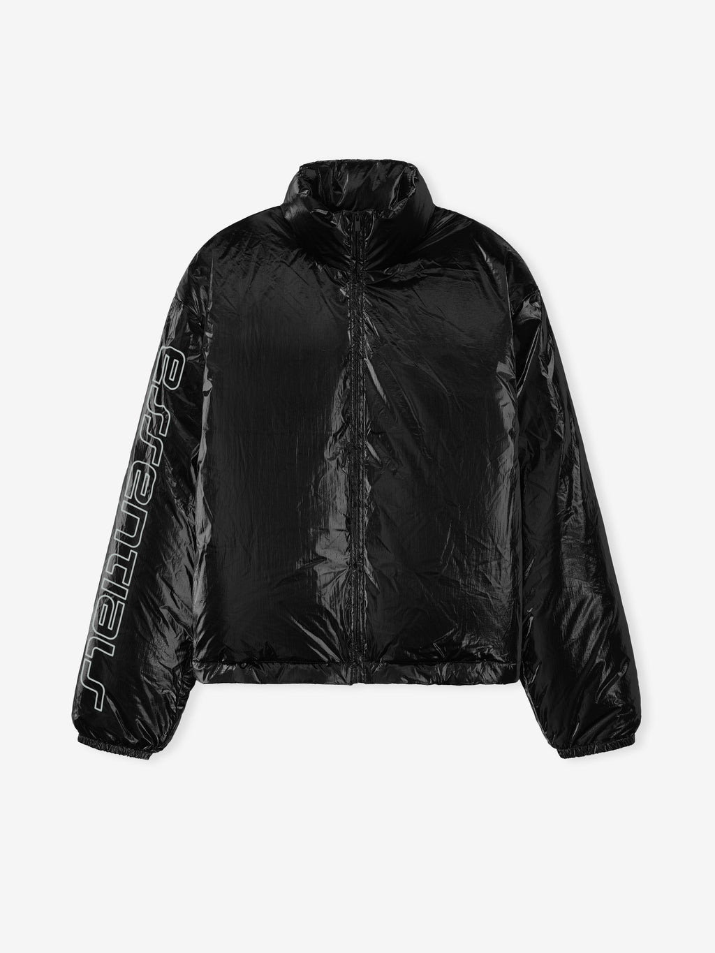 Metallic black ripstop nylon puffer jacket front view with full zip and Essentials branding on left sleeve, file 202HO258181F_PUFFER_JACKET-METALLIC_BLACK_1