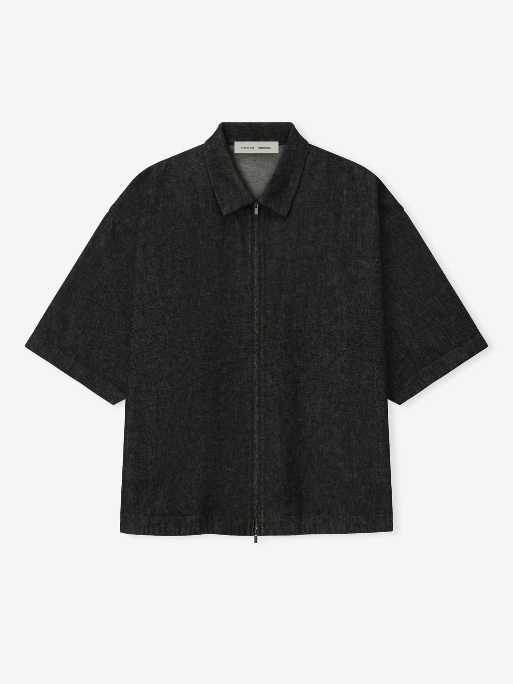 Flat lay of vintage black denim full zip work shirt with short sleeves and spread collar gallery 0