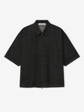 Flat lay of vintage black denim full zip work shirt with short sleeves and spread collar gallery 0