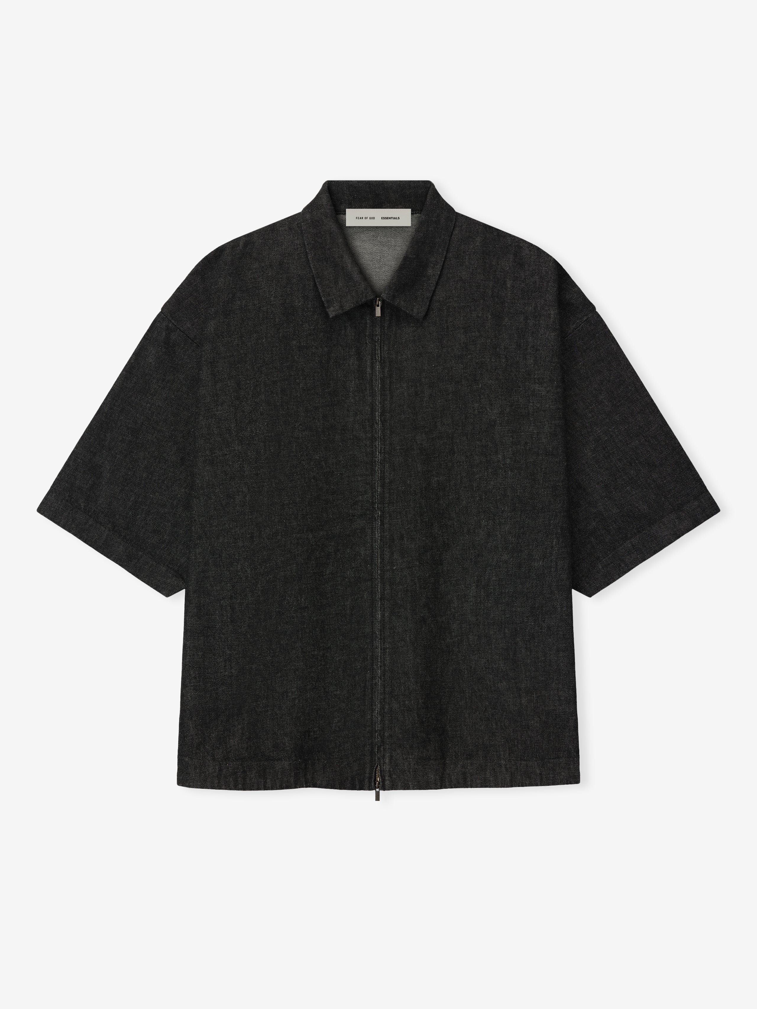 Flat lay of vintage black denim full zip work shirt with short sleeves and spread collar gallery 0