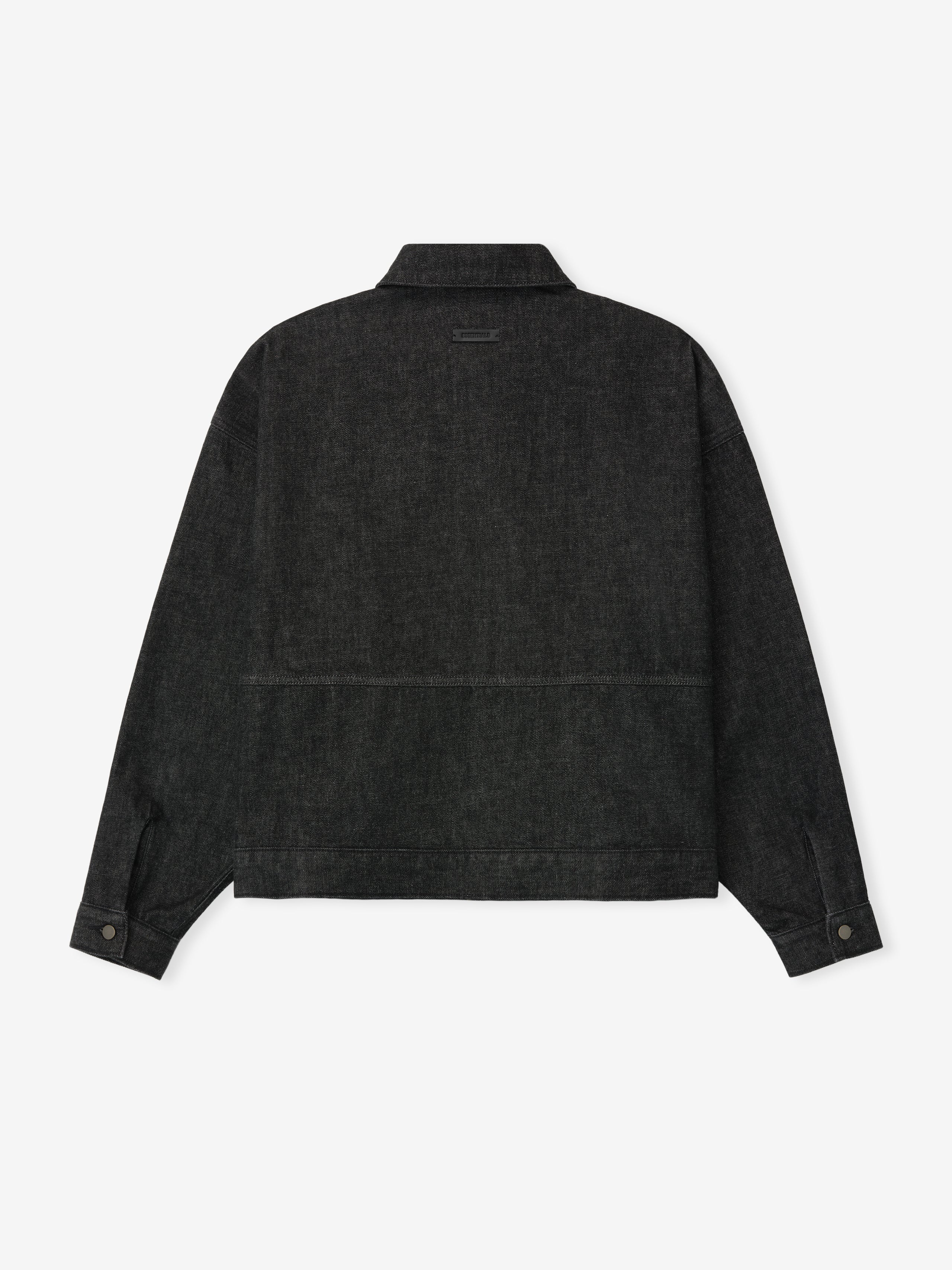 Back view of vintage black denim work jacket with buttoned cuffs and structured seam detailing, file 202HO258231F, gallery 0