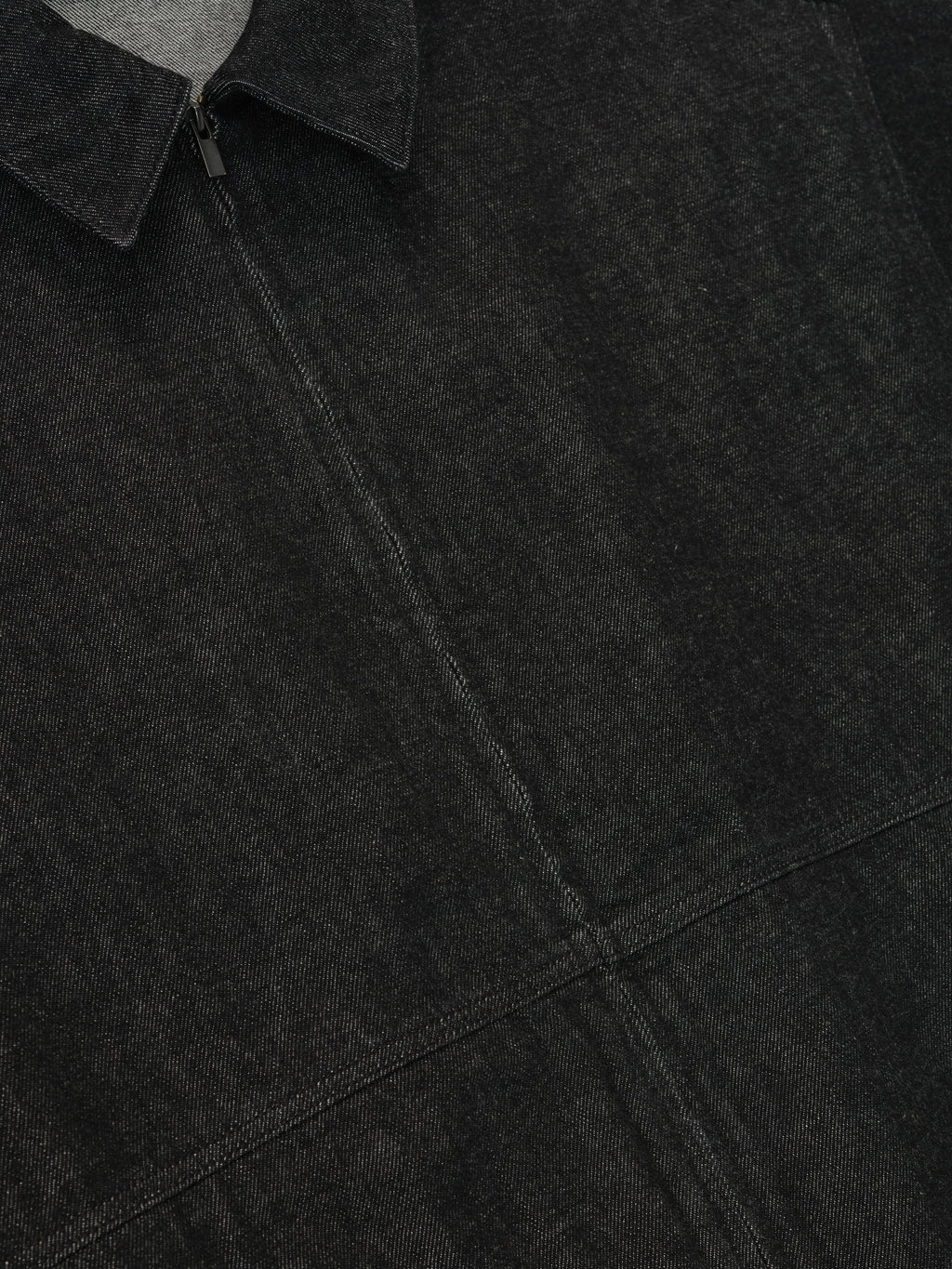 Close-up of vintage black denim work jacket front with zipper and collar detail, file 202HO258231F, gallery position 0