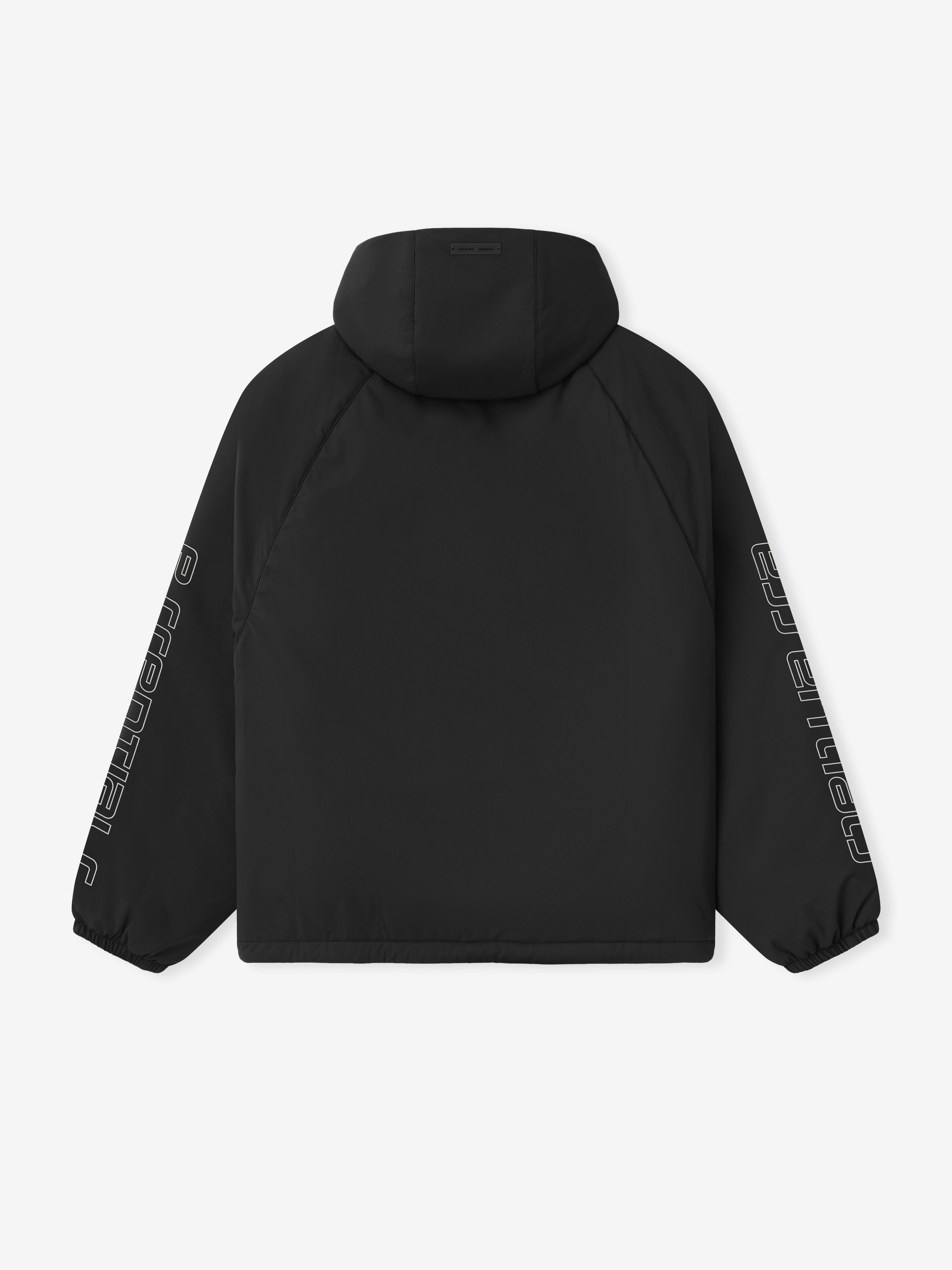 Back view of vintage black Tech Nylon Half Zip Anorak with hood and bold Essentials branding on sleeves, gallery 0