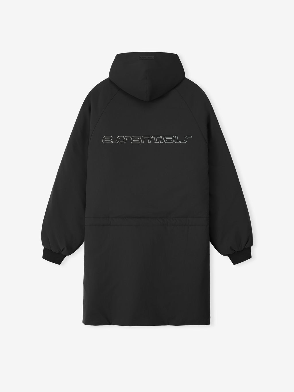 Back view of vintage black Tech Nylon Hooded Parka with Essentials logo and long silhouette gallery 0