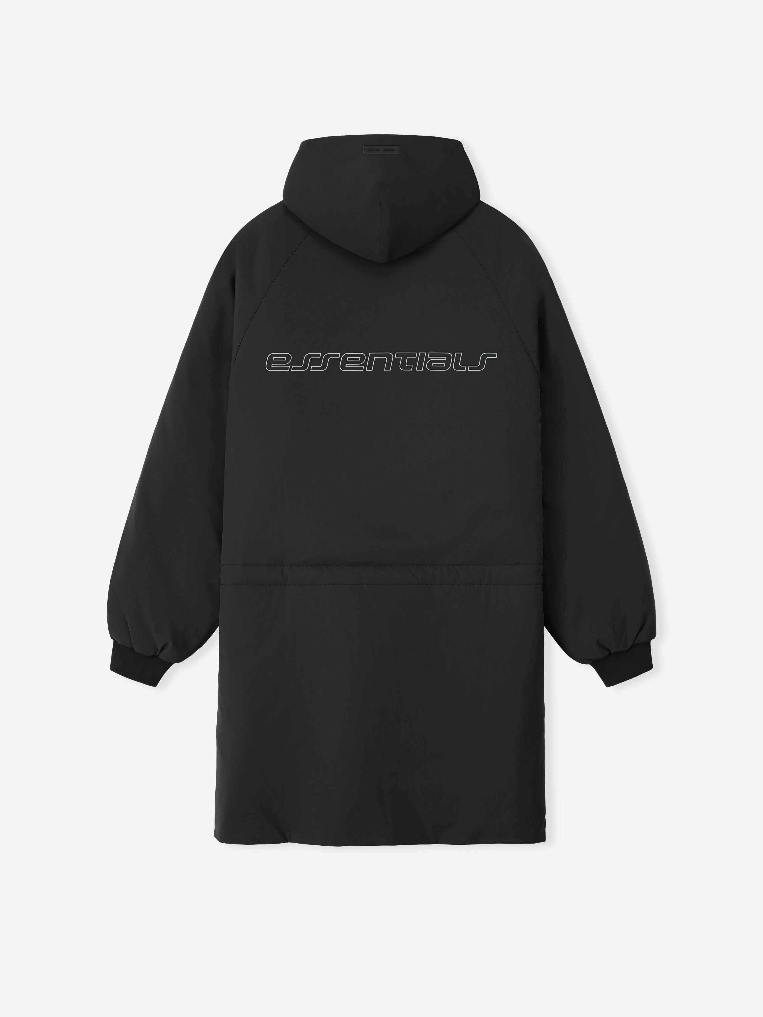 Back view of vintage black Tech Nylon Hooded Parka with Essentials logo and long silhouette gallery 0