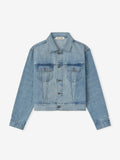 Light blue denim jacket with button front, two flap chest pockets, and classic collar on white background