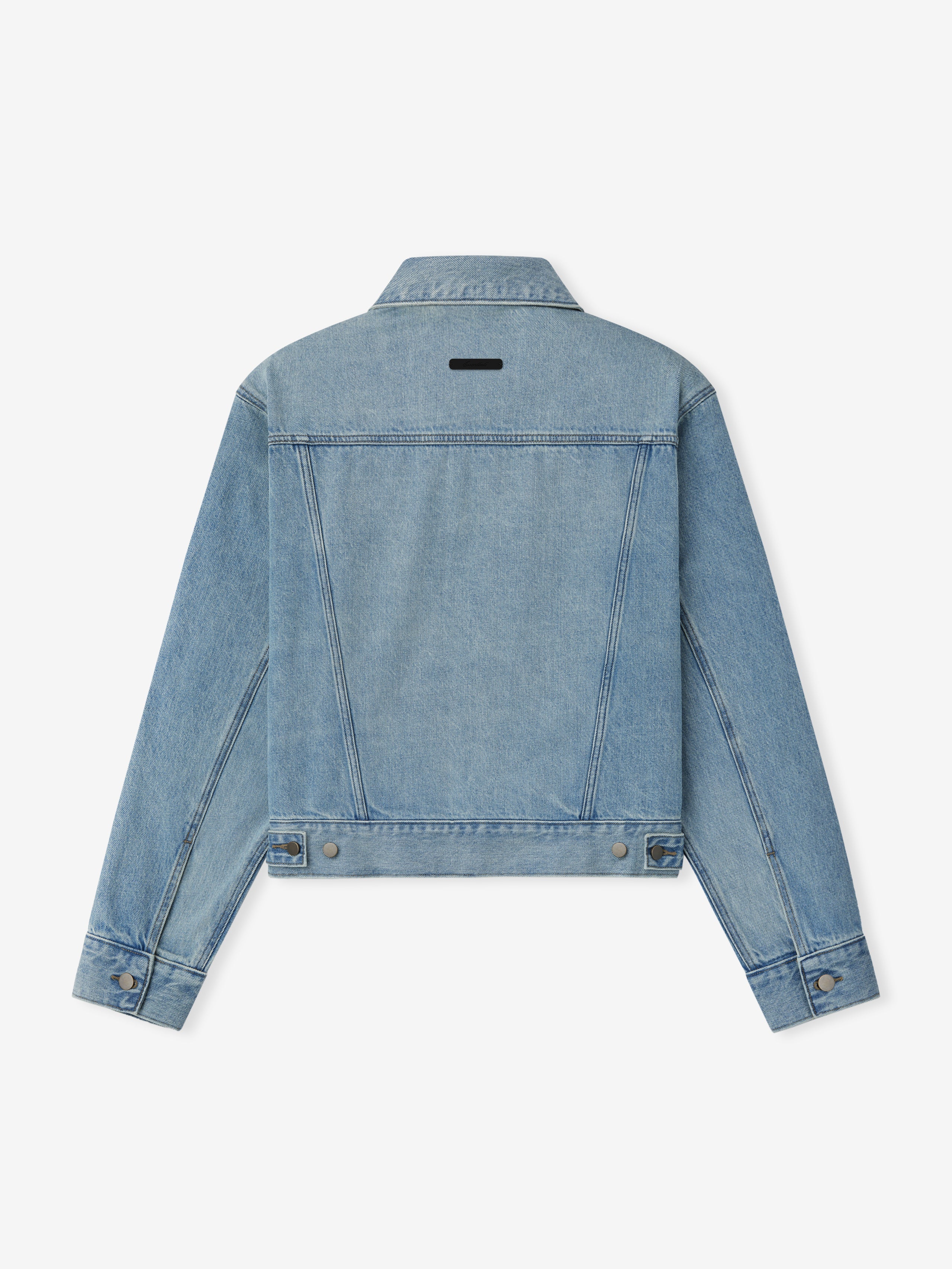 Back view of light wash denim jacket with classic collar, buttoned cuffs, and adjustable waistband tabs on white background