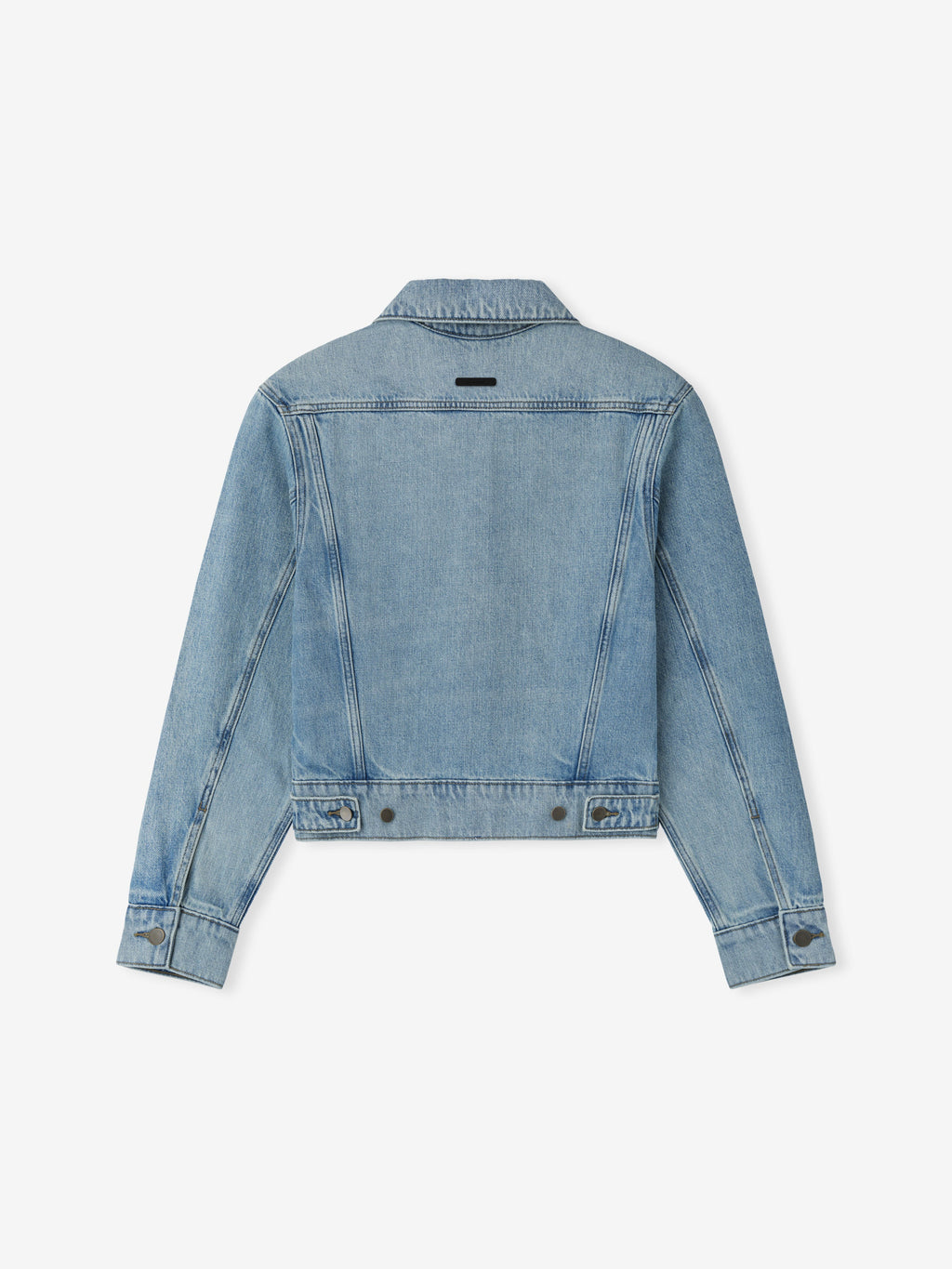 Back view of light wash denim jacket with classic collar, long sleeves, and adjustable waistband buttons on white background