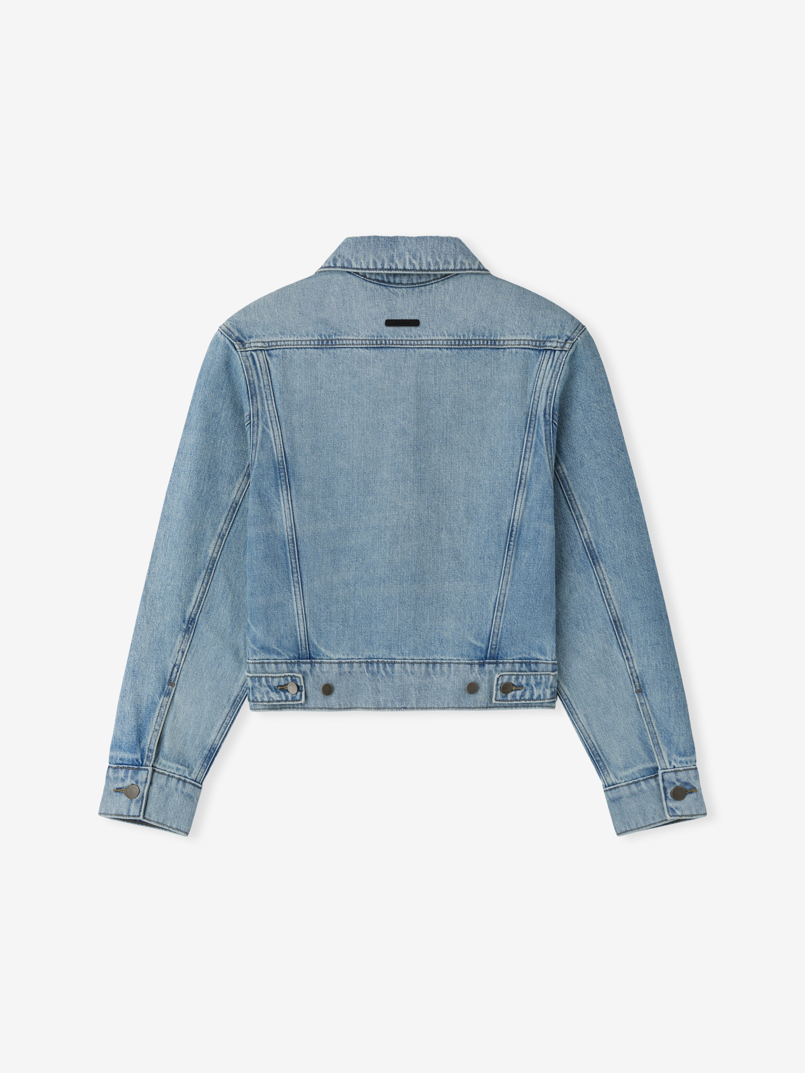 Back view of light wash denim jacket with classic collar, long sleeves, and adjustable waistband buttons on white background