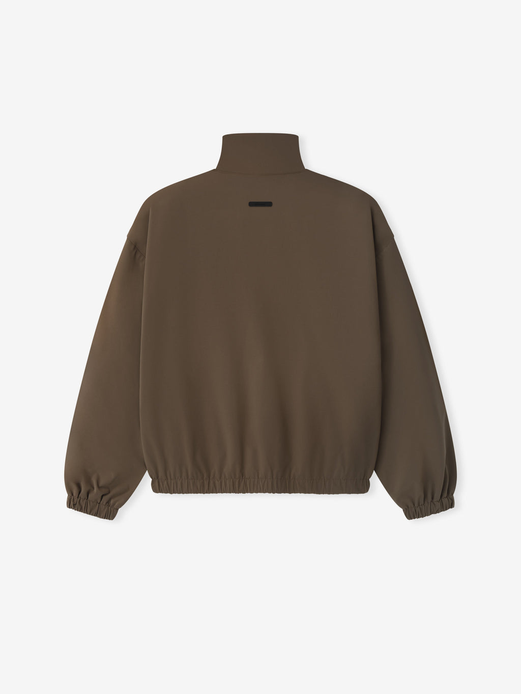 brown full zip track jacket with high neck, elasticated cuffs and hem, and small black embroidered logo on back neckline