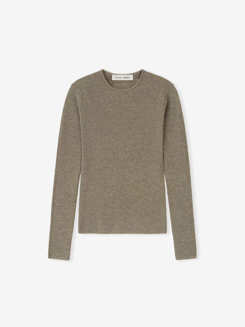 olive green women's waffle knit long sleeve top with crew neckline and fitted silhouette