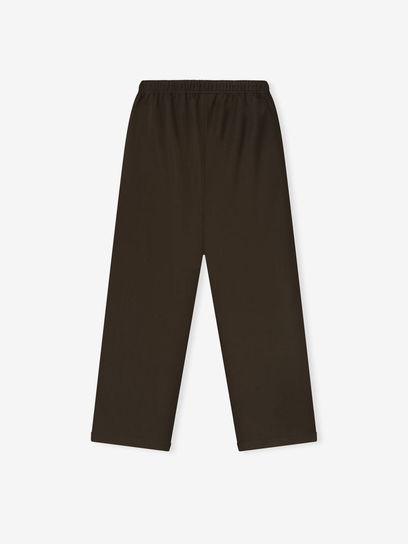 Dark brown Satin Fleece Lounge Sweatpant laid flat showing elastic waistband, straight leg silhouette, gallery position 0.