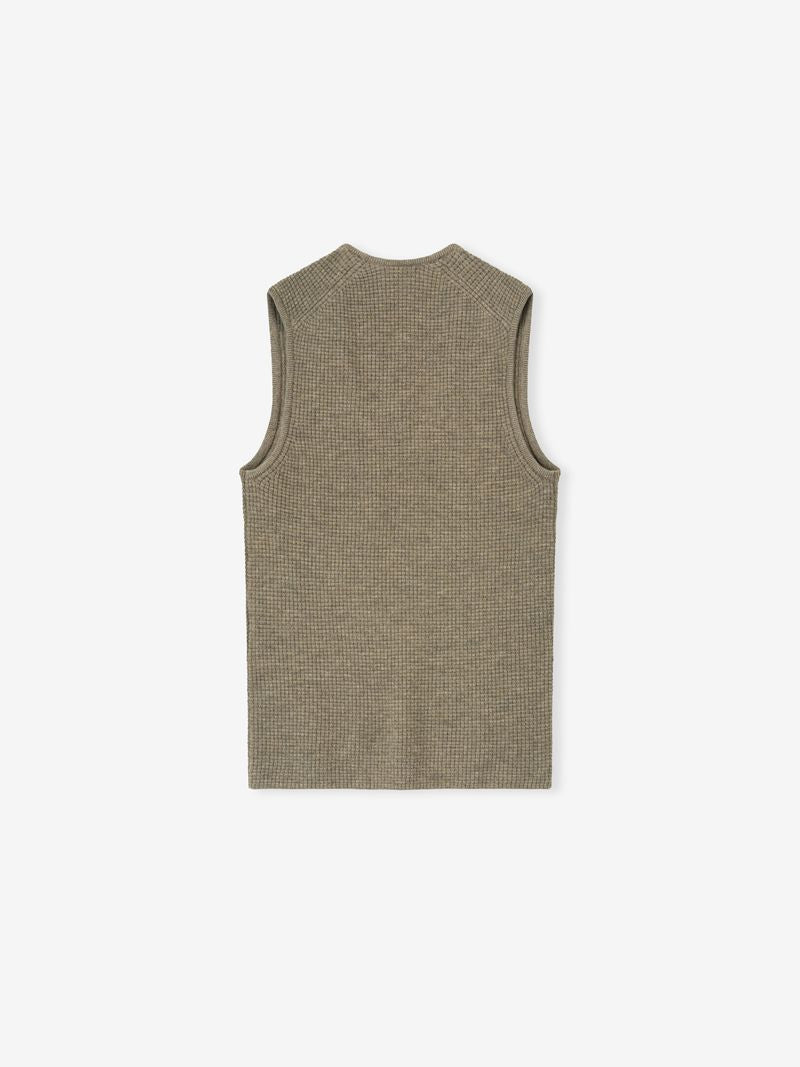 Back view of womens waffle knit tank top in muted olive with sleeveless design and ribbed texture 3T30HkVw.jpg gallery 0