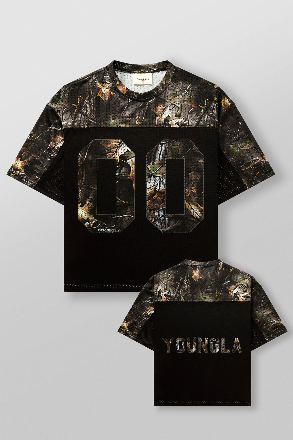 4237 - Double-Zero Jersey- Lightweight mesh jersey with retro sports design, double-zero numbers, and bold YOUNGLA branding on front and back, breathable and comfortable for all-day wear in Black