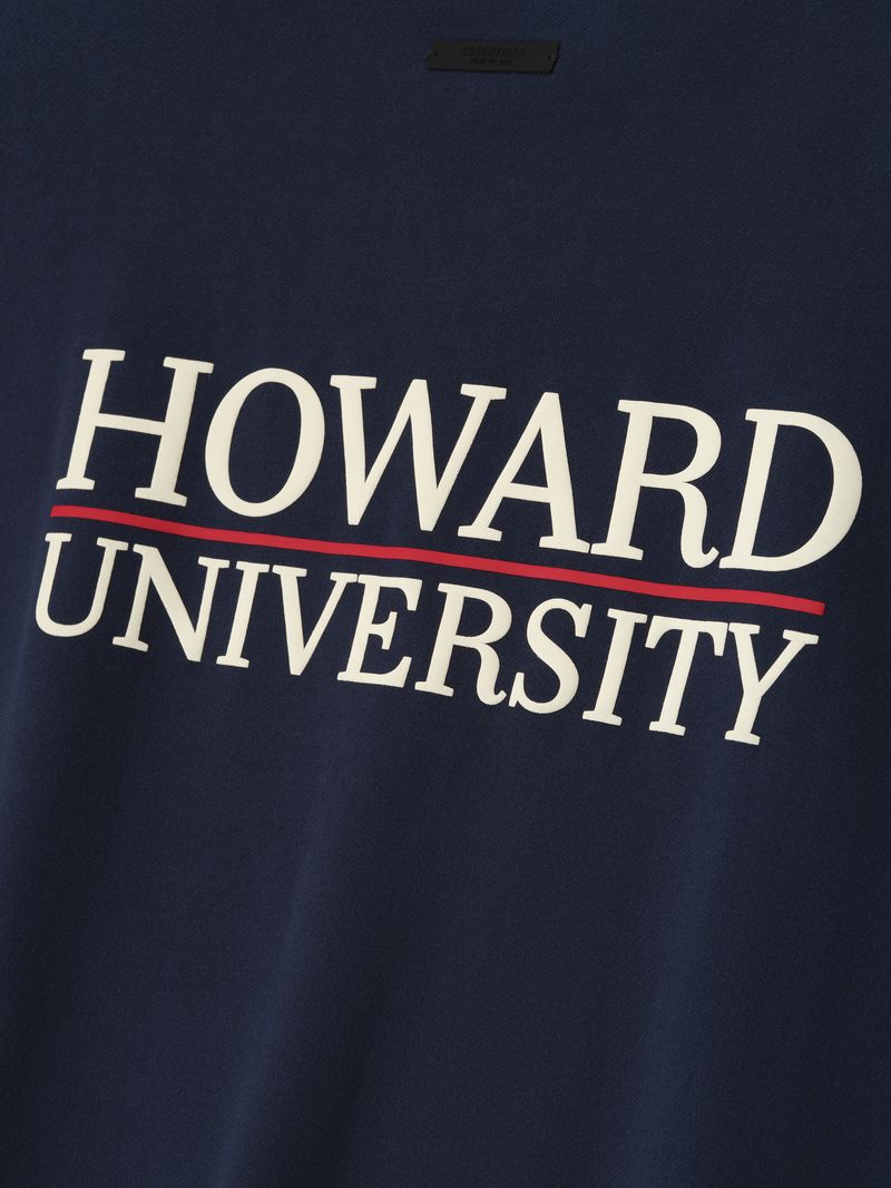 Close-up of navy Howard University Sport Crewneck showing bold white text with red underline and smooth fabric texture