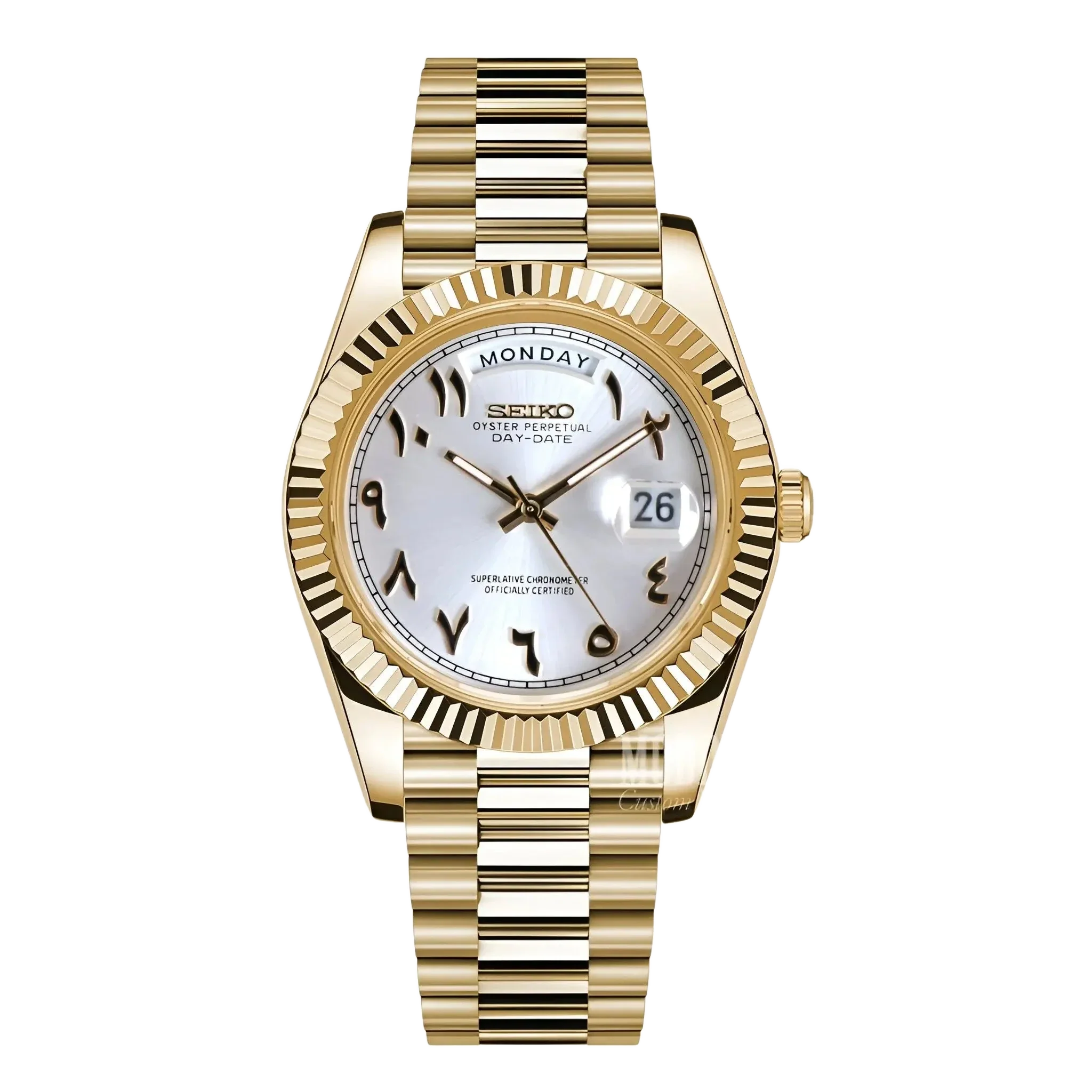 Seiko Mod Datejust Daydate Yellow Gold White Arabic