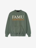 Front view of olive green FAMU Sport Crewneck with cream FAMU and orange ESSENTIALS text, file 6xKSfDBw.jpg gallery 0