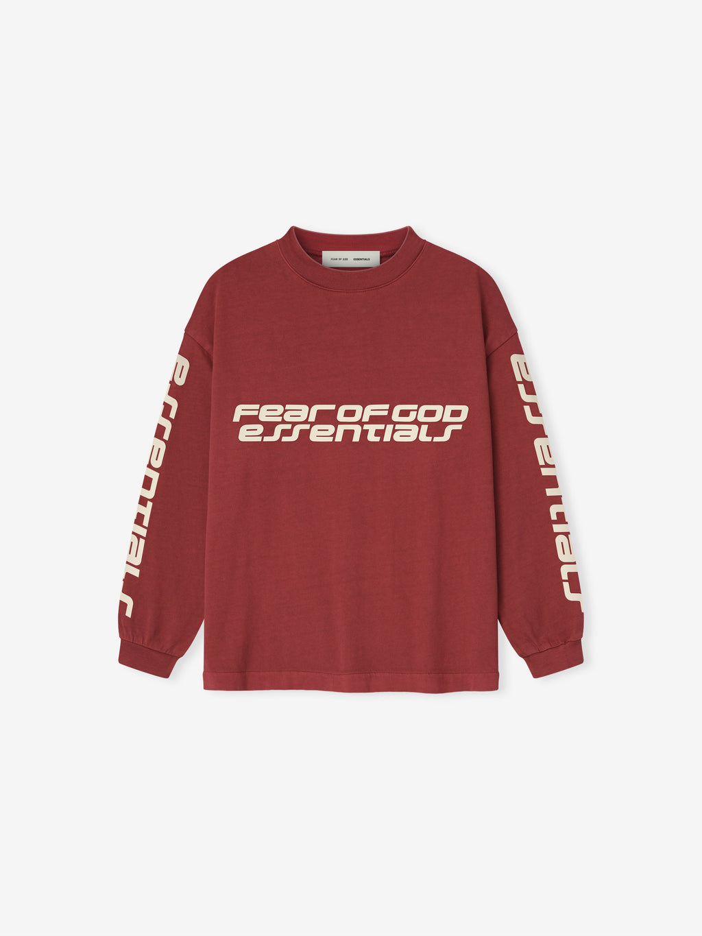 Front view of crimson Kids Classic Long Sleeve Tee with bold Fear of God Essentials print across chest and down sleeves, gallery position 0