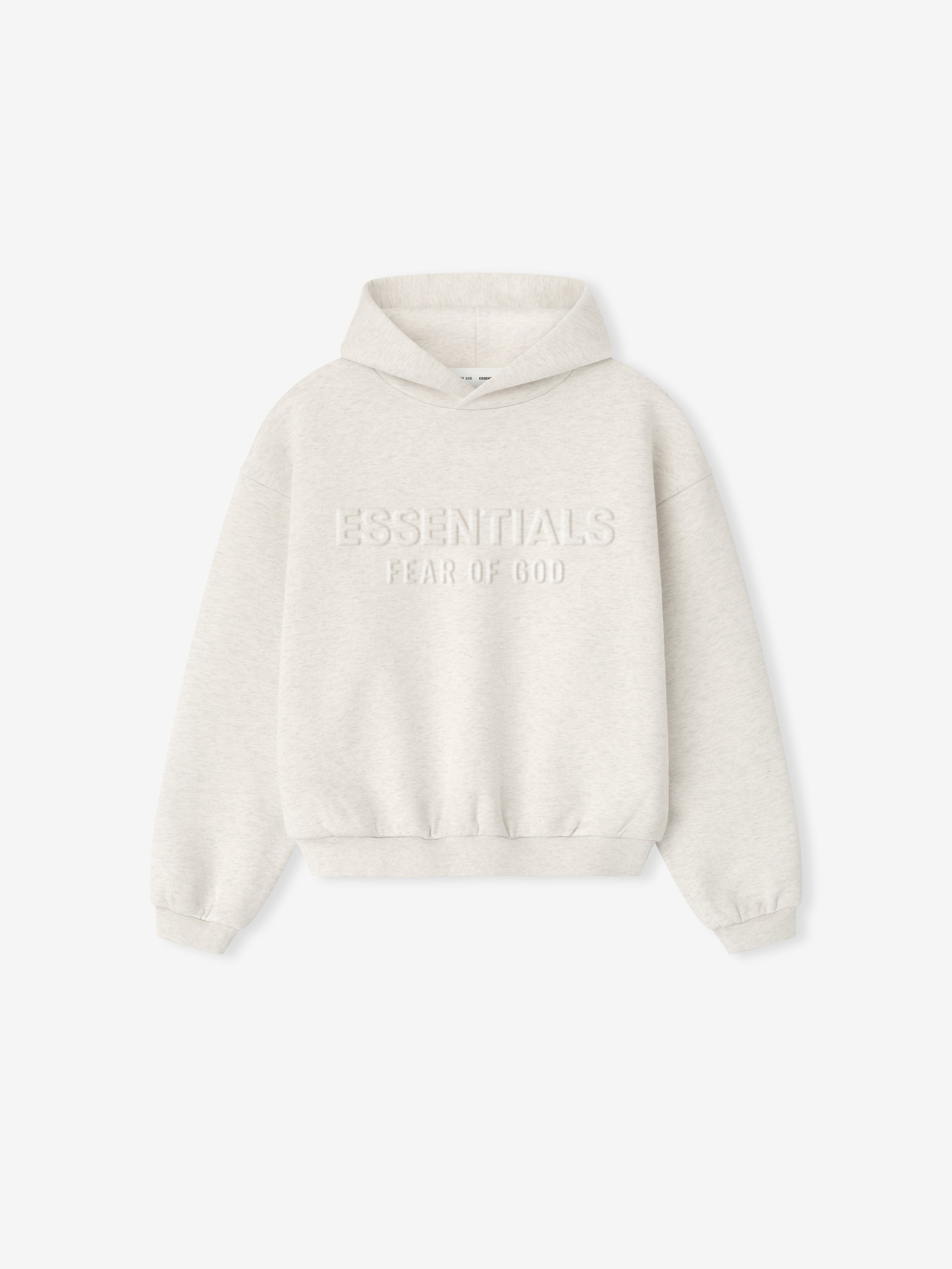 Front view of oatmeal heather Kids Embossed Classic Hoodie with raised ESSENTIALS Fear of God logo on chest, gallery position 0