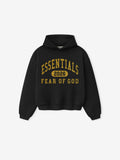 Front view of vintage black Kids Classic Hoodie with gold ESSENTIALS 2026 Fear of God logo, gallery position 0