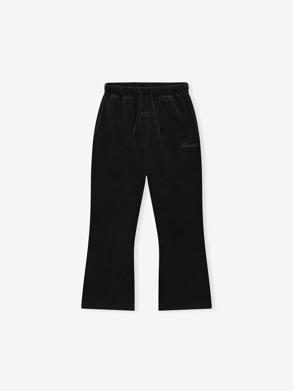 Front view of vintage black kids velour flare sweatpant with elastic waistband and minimalist tonal branding near pocket area