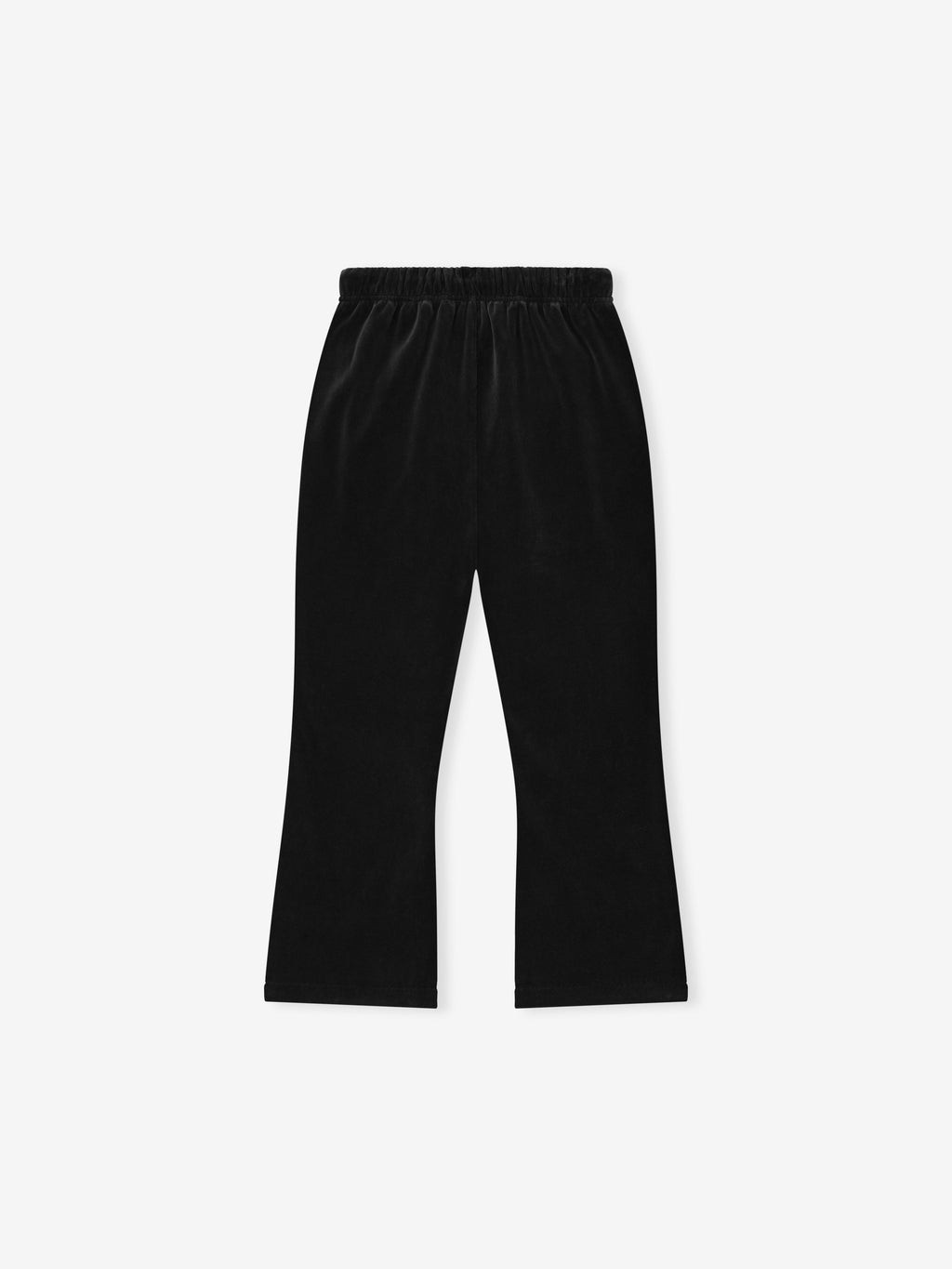 Top-down view of vintage black kids velour flare sweatpant with elastic waistband and relaxed flare leg silhouette gallery 0
