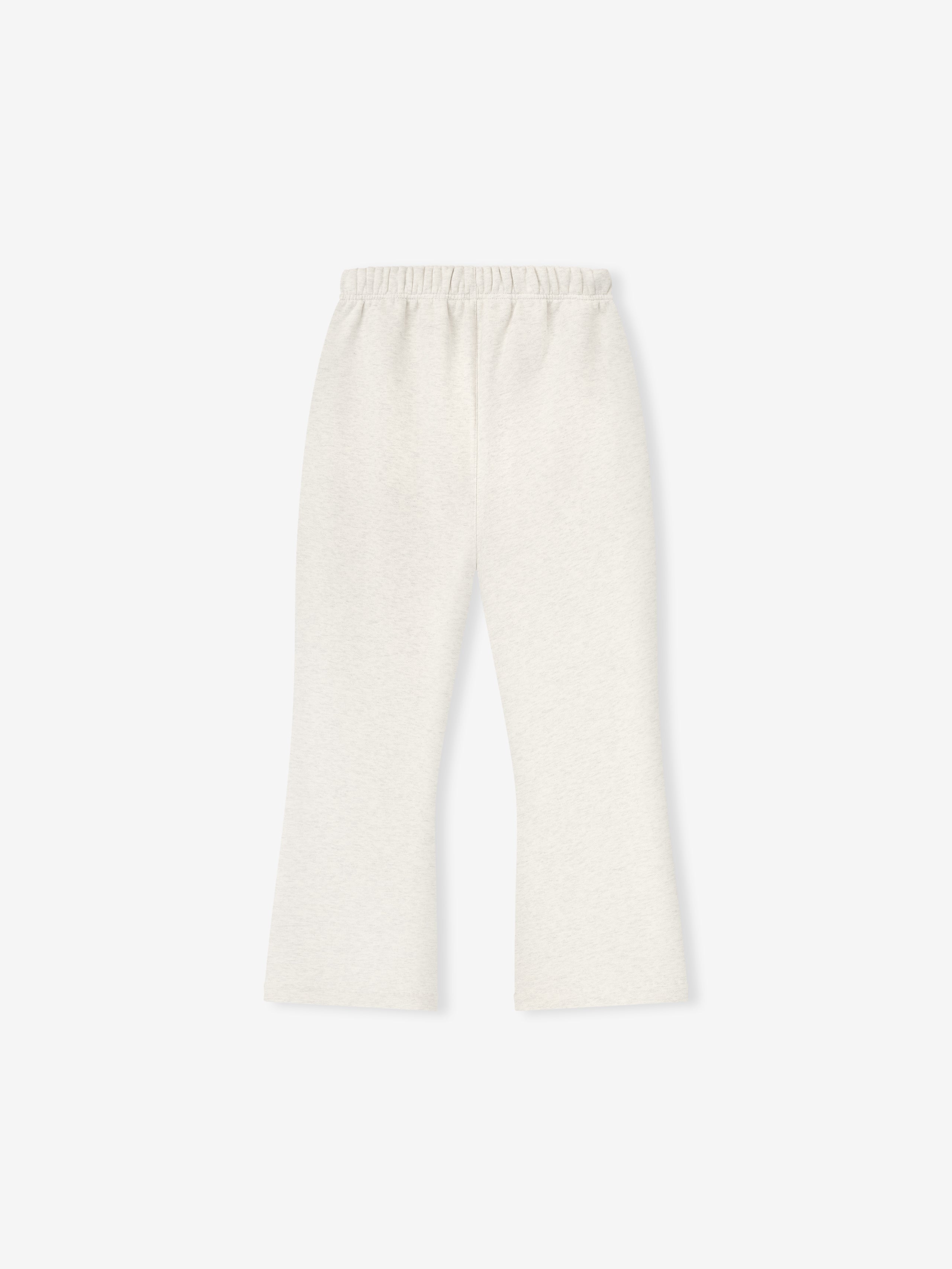 Flat lay of oatmeal heather Kids Flare Sweatpant showing elastic waistband and flare leg shape, gallery position 0